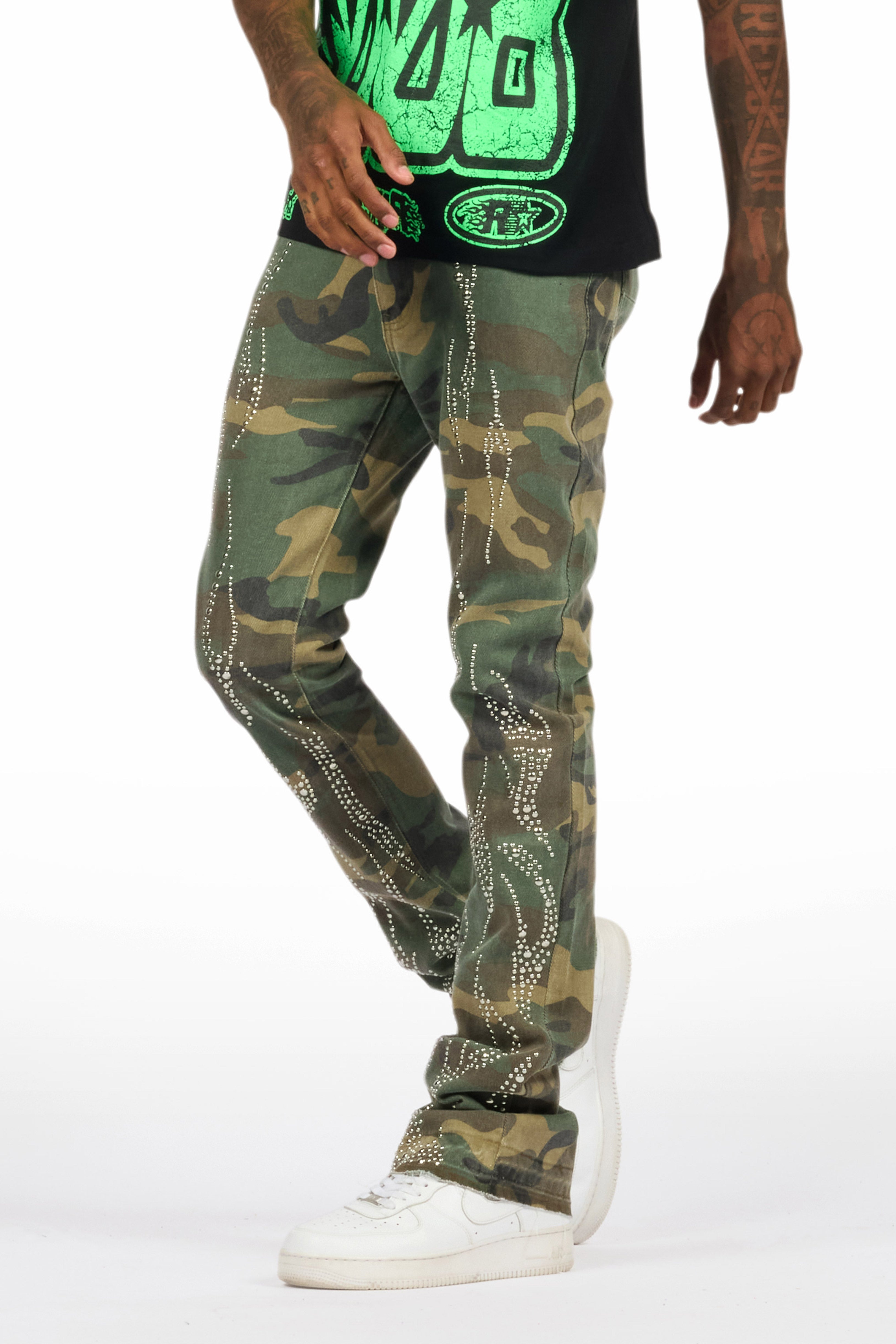 Tachi Camo Rhinestone Stacked Flare Jean
