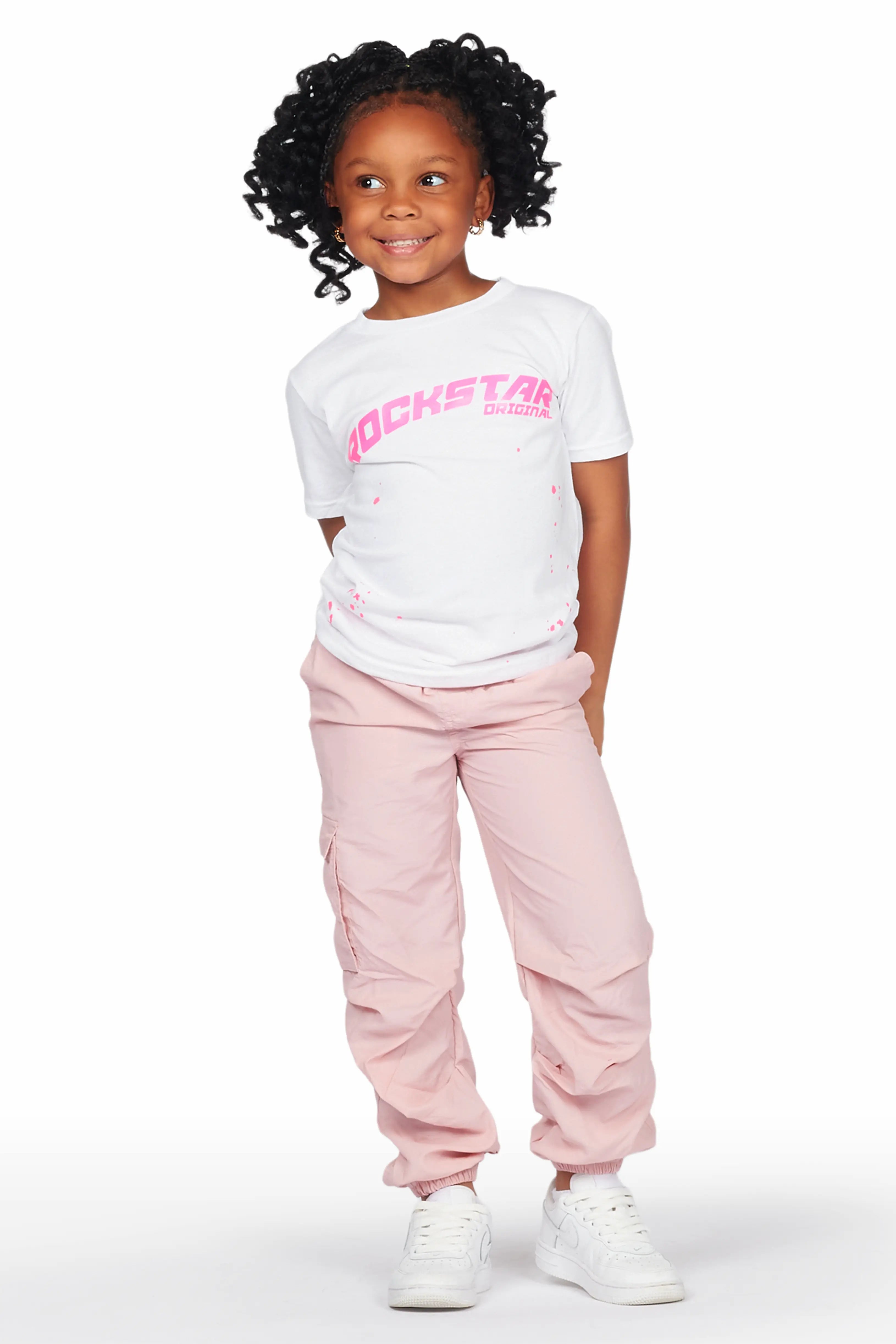 Girls Quincy White/Pink T-Shirt Cargo Jogger Set