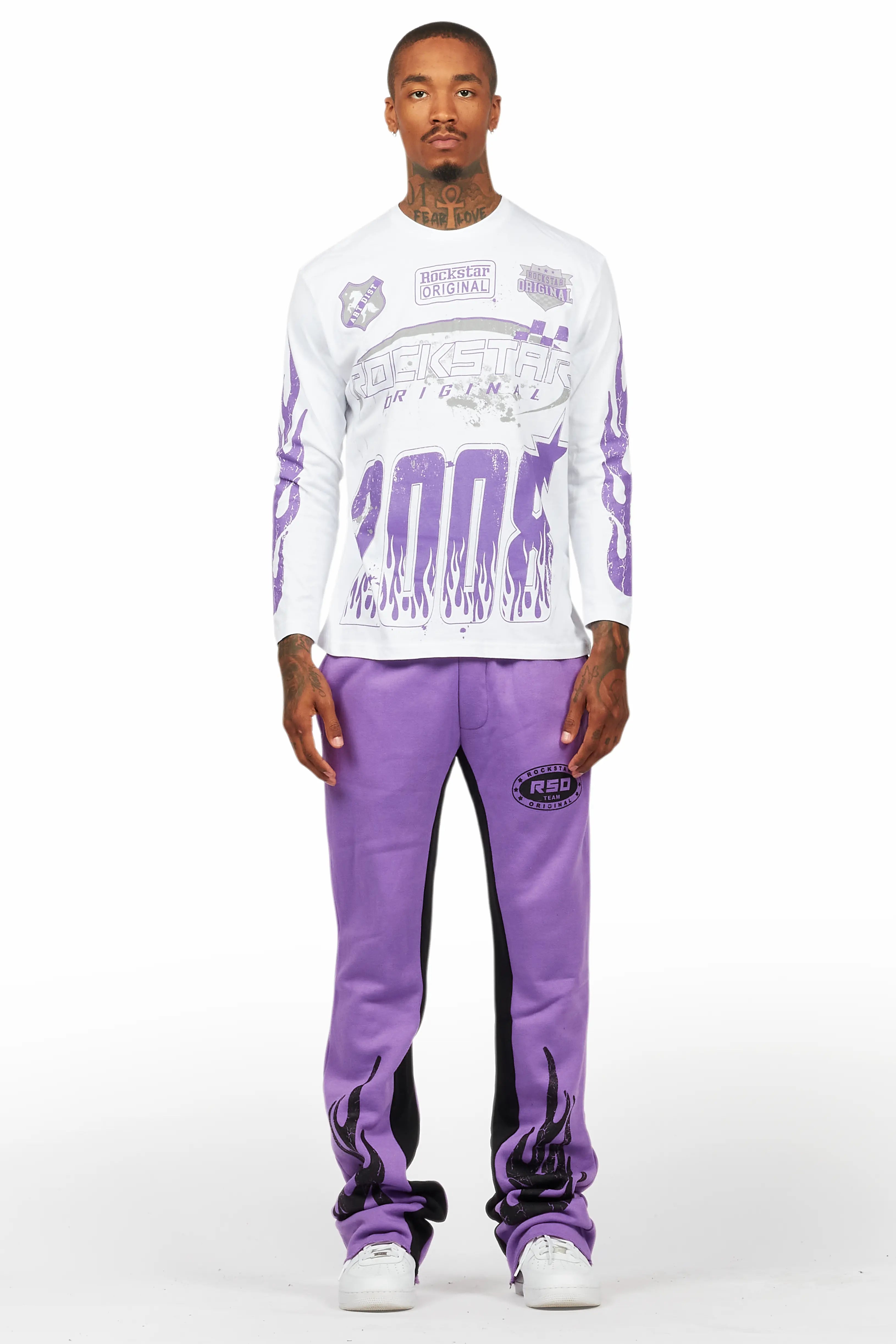 Amos Purple/White Long Sleeve T-Shirt/Stacked Baggy Pant Set