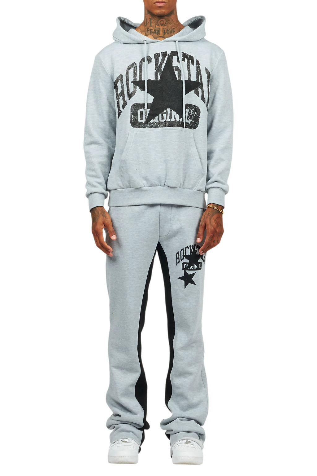 Mallor Heather Grey Baggy Stacked Hoodie Track Set