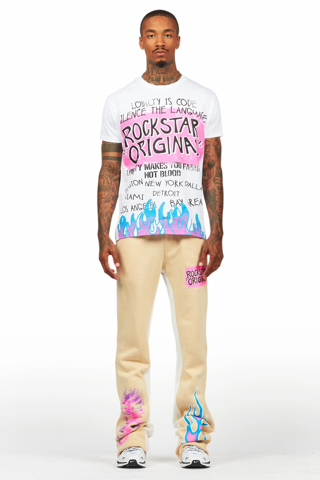 Beno White/Beige T-Shirt/Baggy Stacked Pant Set