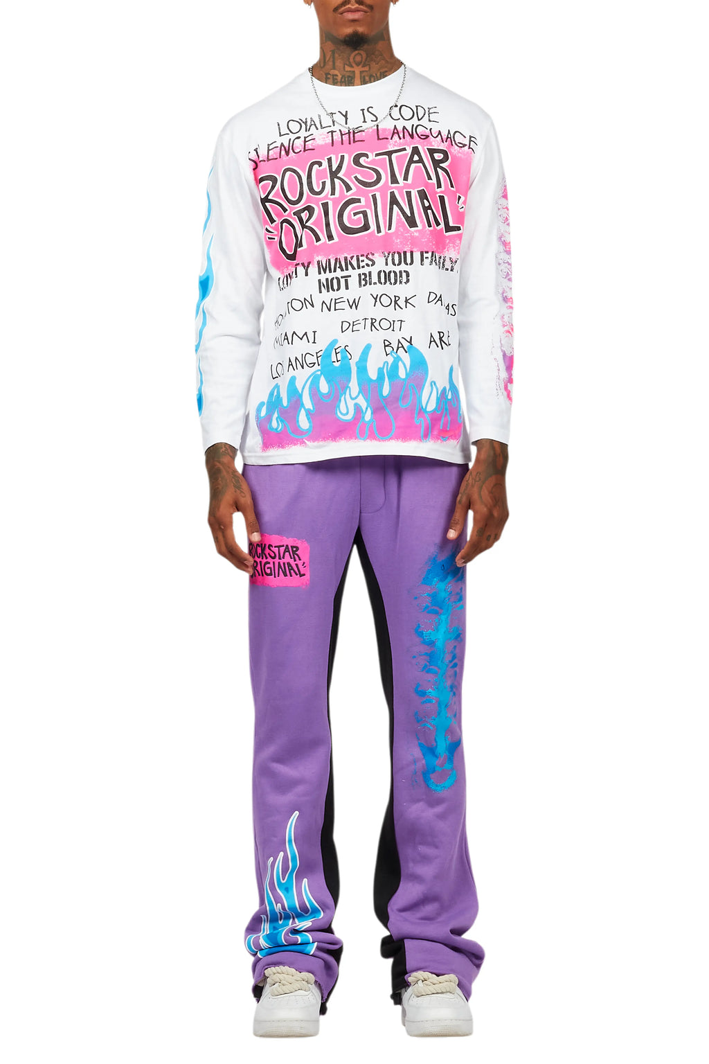 Beno Purple/White Long Sleeve T-Shirt/Baggy Pant Set