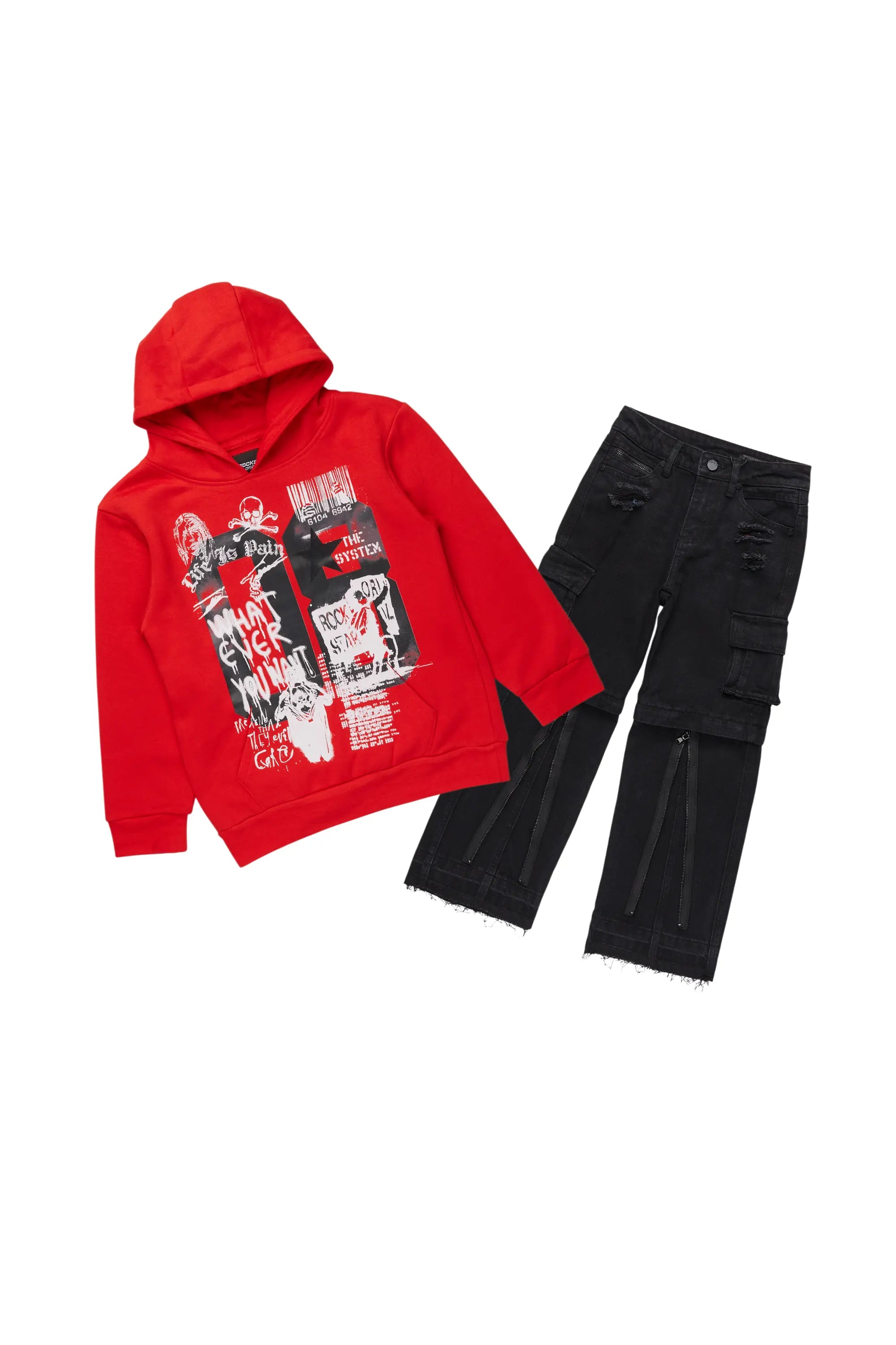 Boys Beau Red/Black Hoodie/Baggy Fit Jean Set