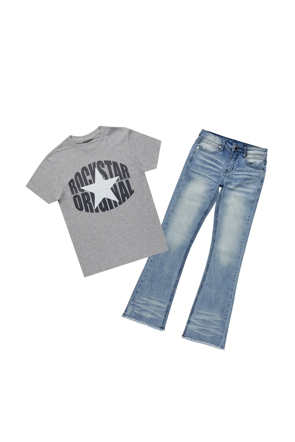 Boys Ezra Heather Grey T-Shirt/Stacked Flare Jean Set