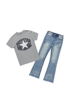 Boys Ezra Heather Grey T-Shirt/Stacked Flare Jean Set