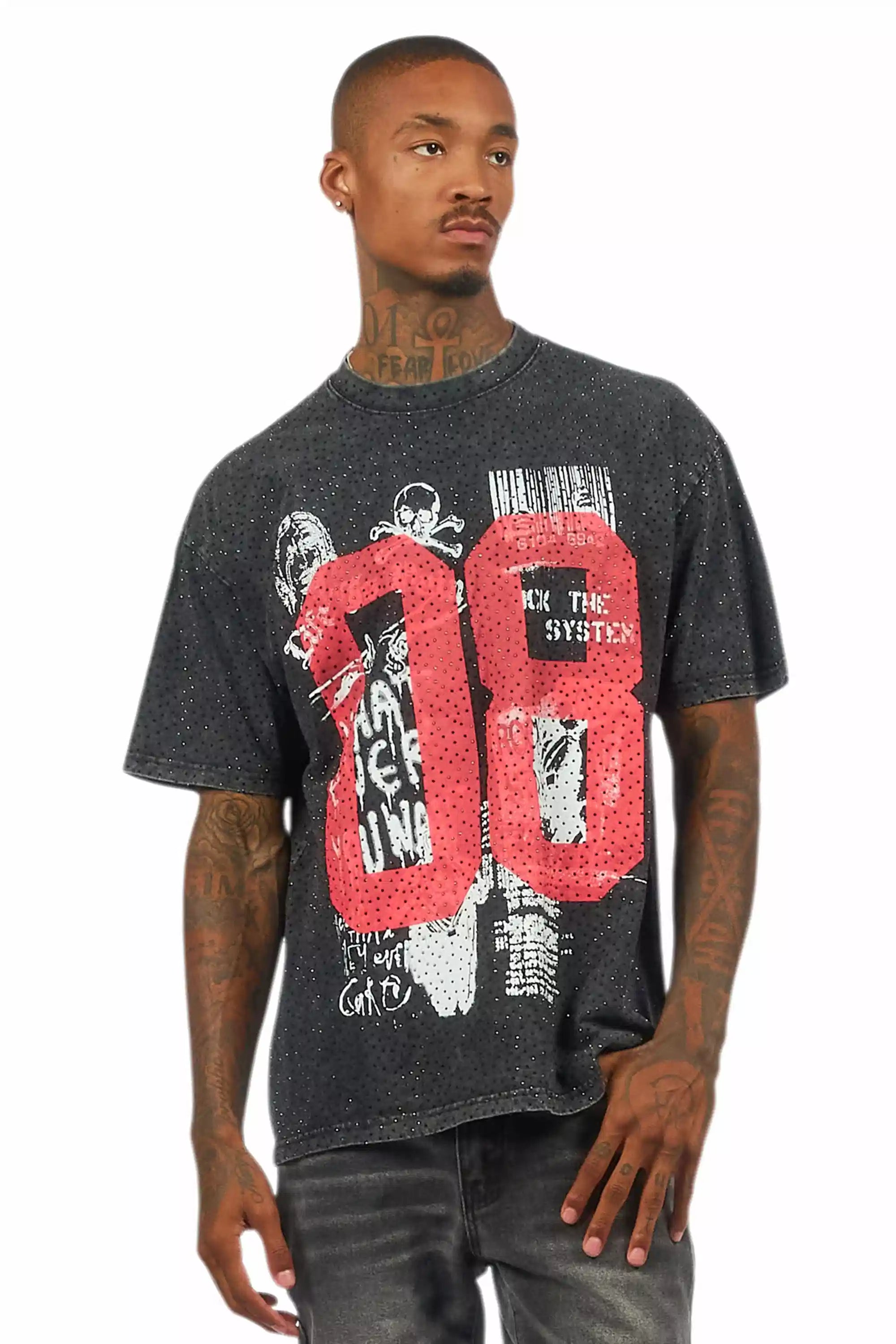 Grill Black/Red Graphic Rhinestone T-Shirt