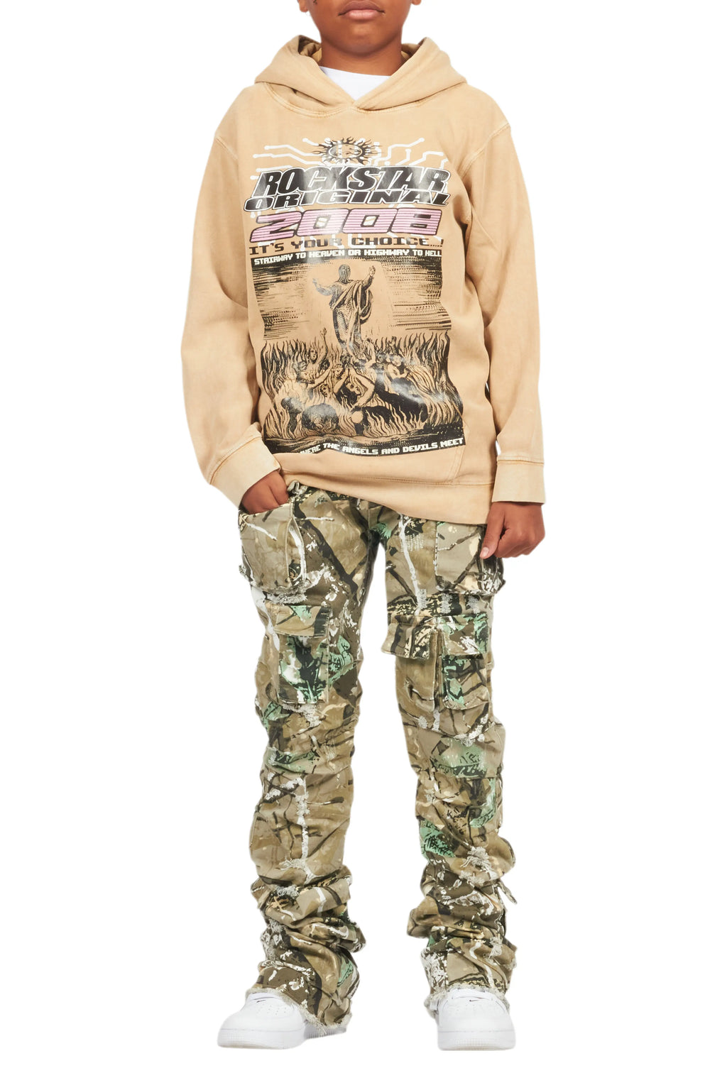 Boys Luxton Vintage Beige/Tree Camo Hoodie/Stacked Flare Jean Set