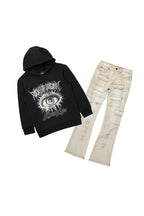 Boys All Eyes Black/Beige Hoodie/Stacked Flare Jean Set