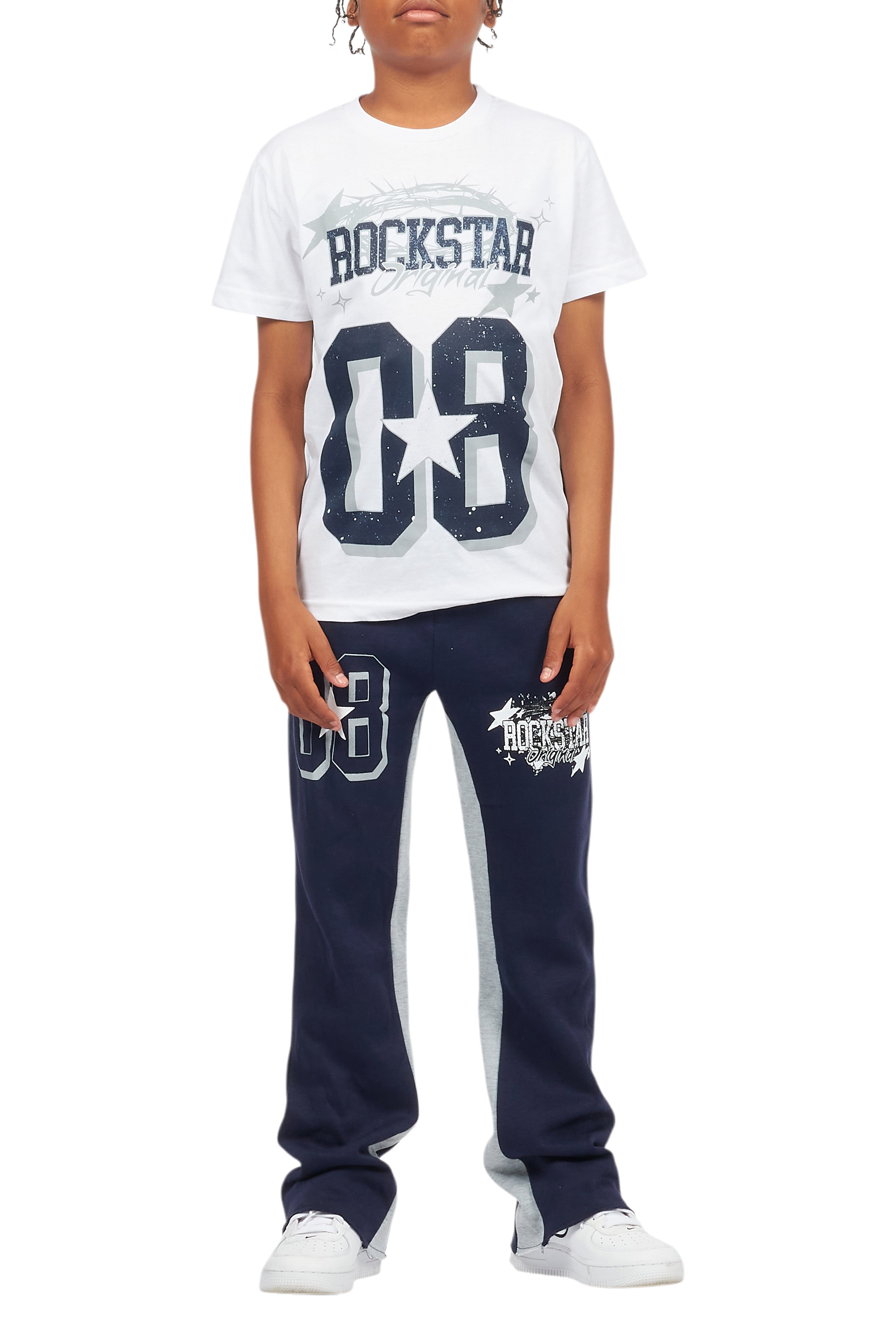Boys Allstar White/Navy T-Shirt/Stacked Baggy Flare Pant Set