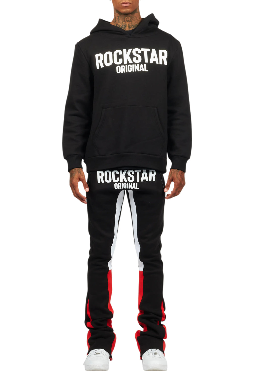 Sana Black/White Hoodie/Stacked Flare Track Pant Set