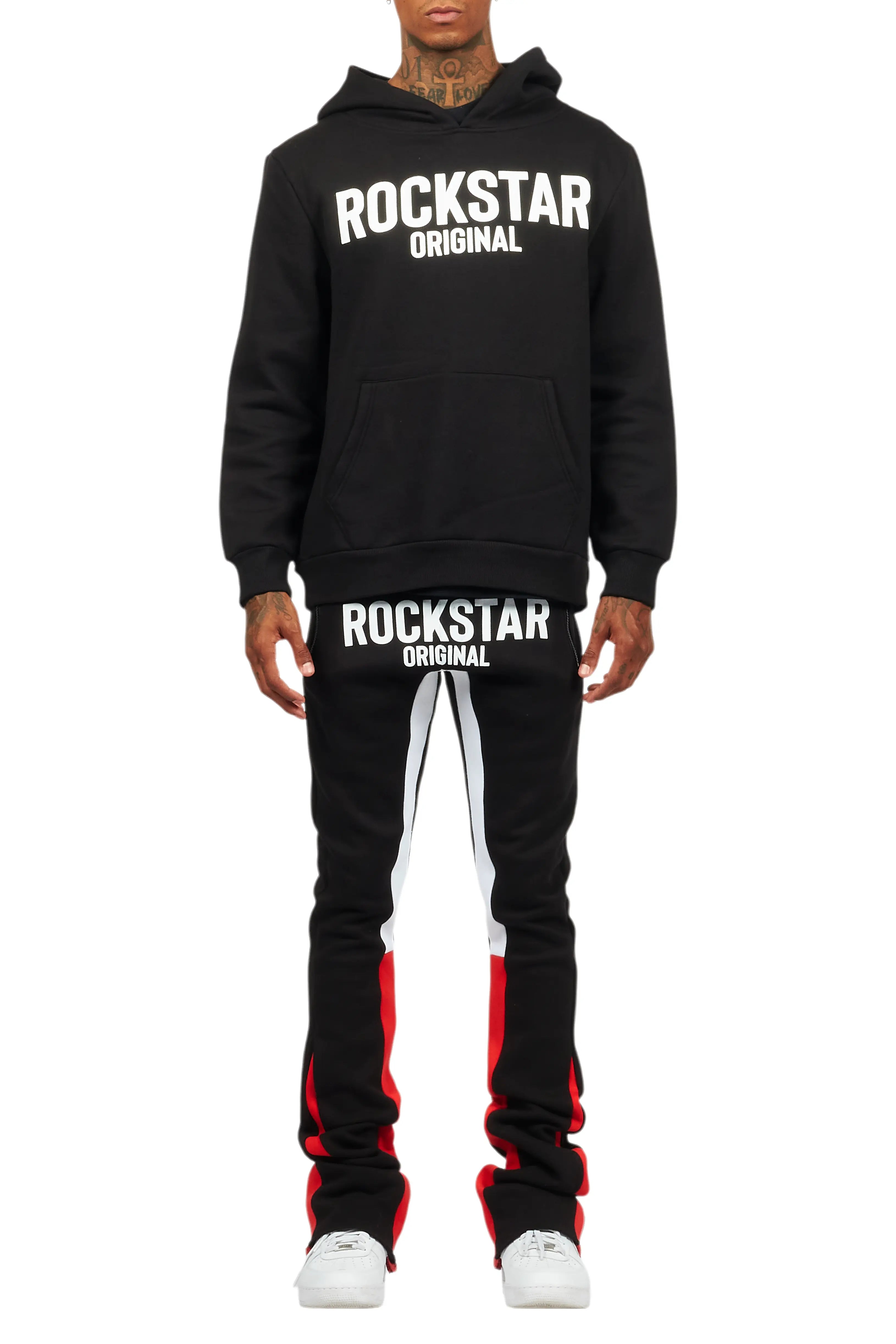 Sana Black/White Hoodie/Stacked Flare Track Pant Set