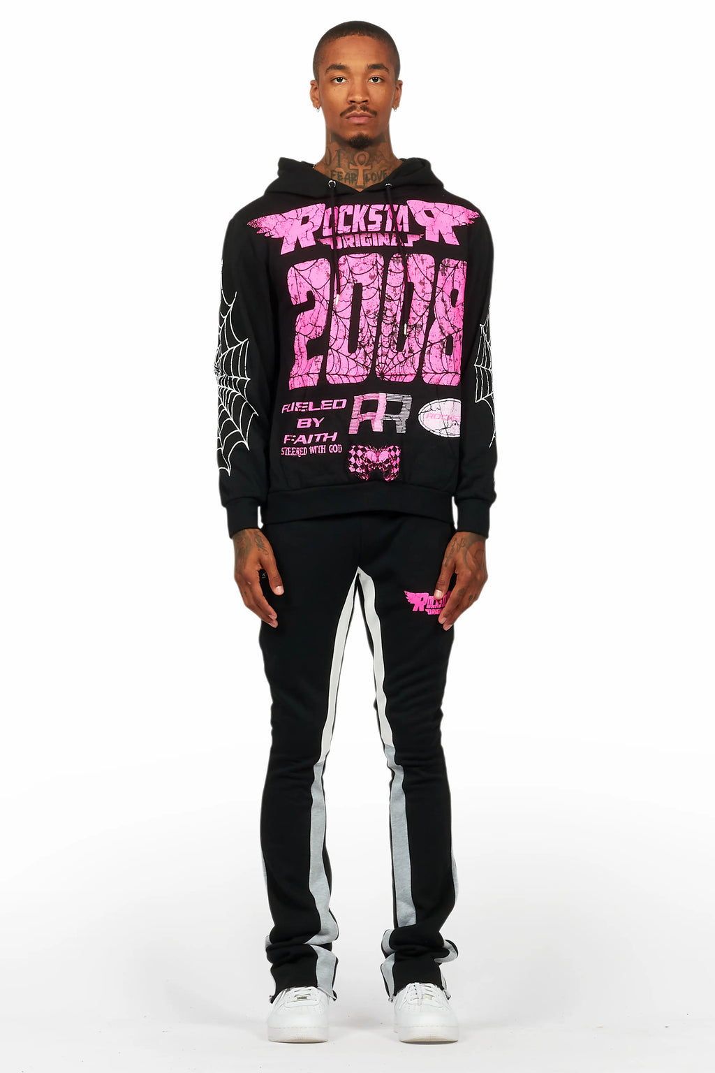 For Pinks Black Hoodie/Stack Flare Track Pant Set