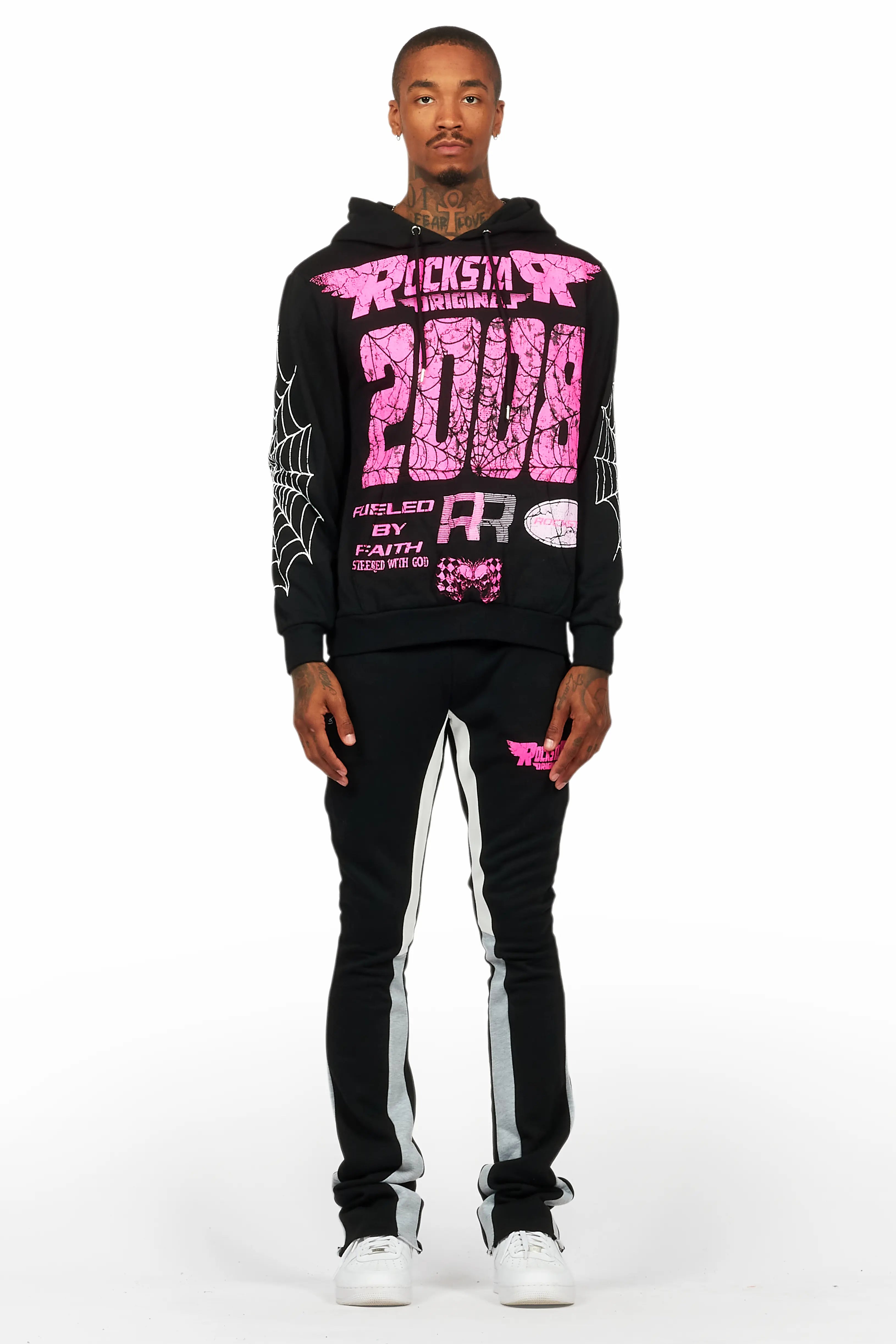 For Pinks Black Hoodie/Stack Flare Track Pant Set