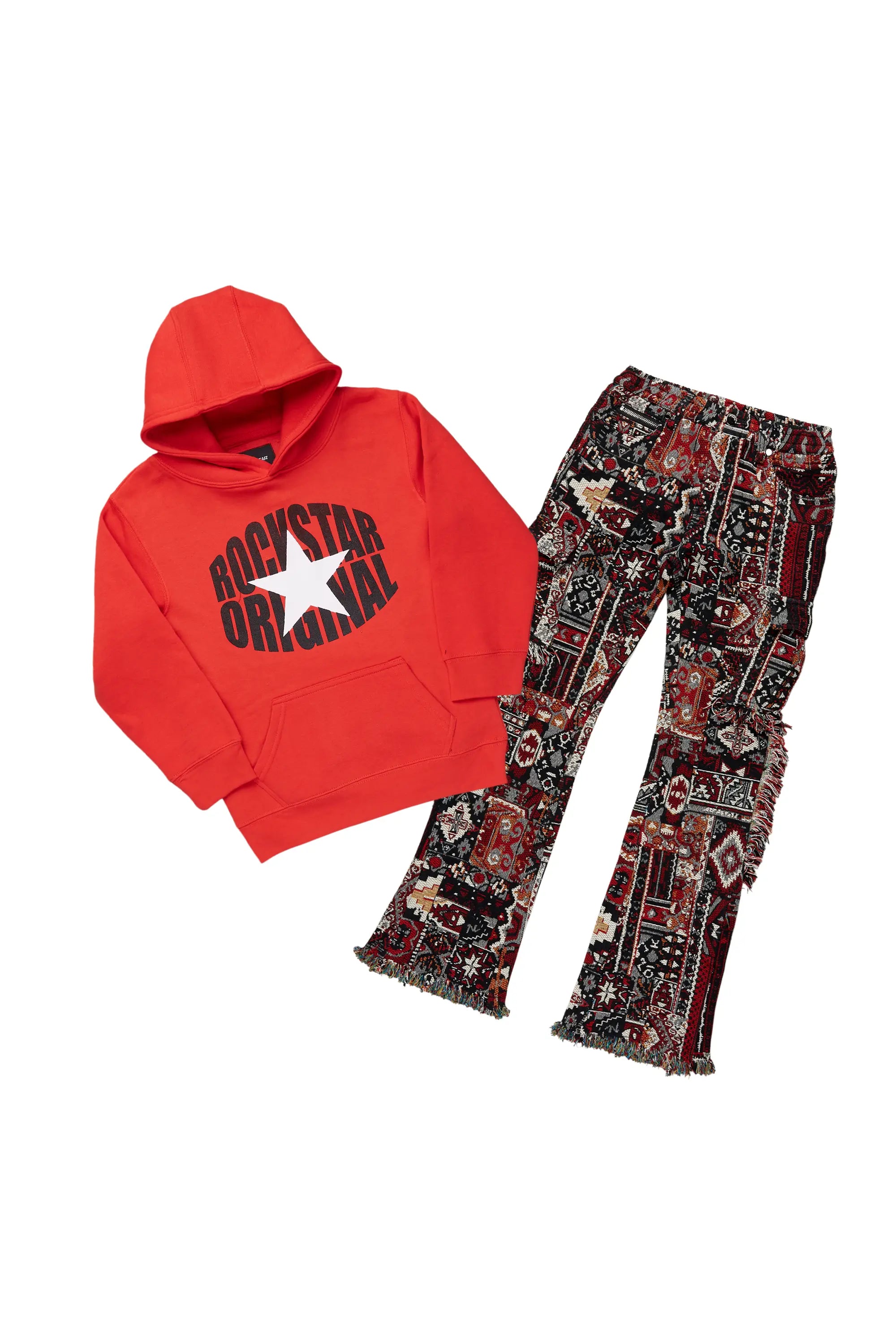 Boys Ezra Red/Black Multi Hoodie/Stacked Flare Jean Set