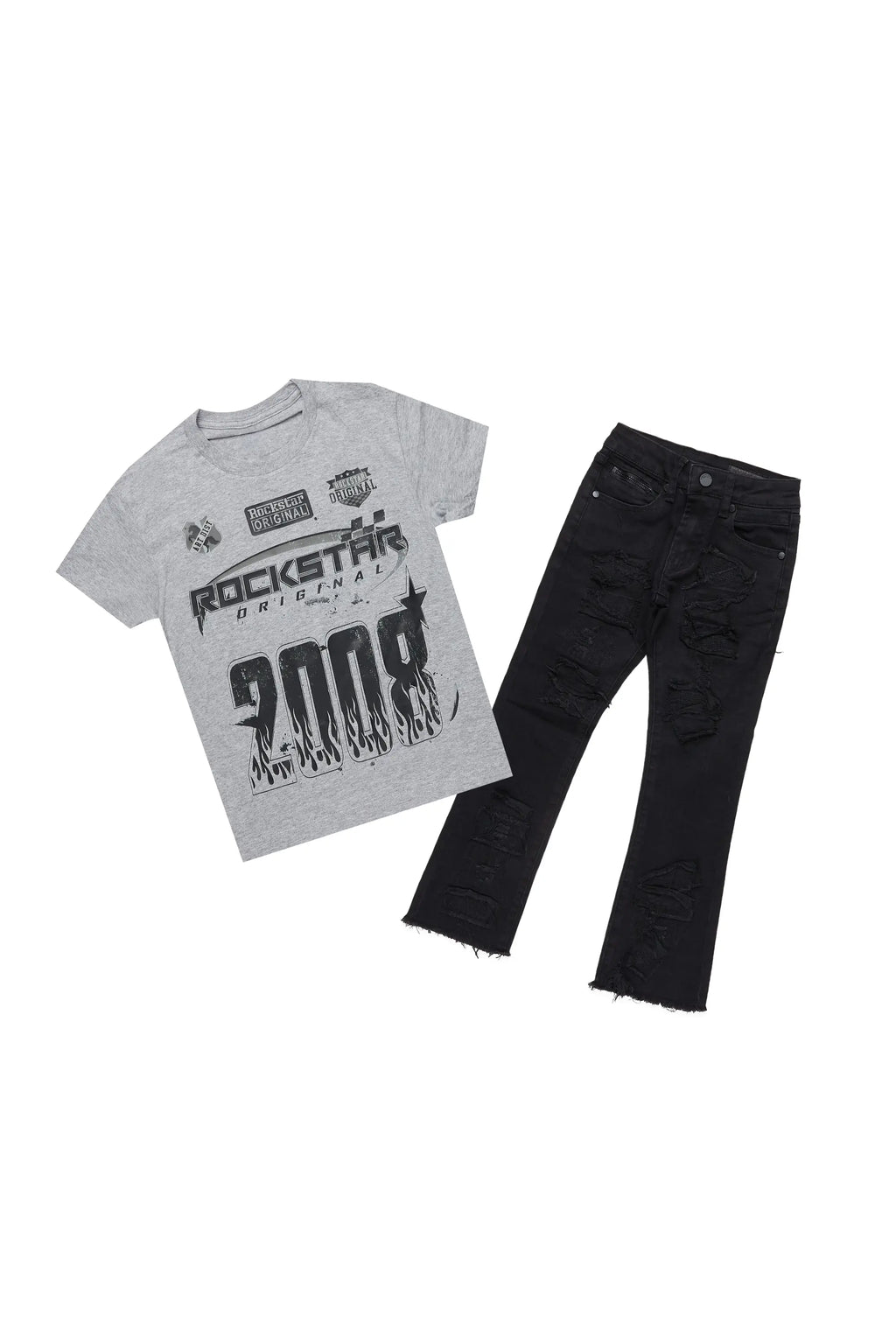 Boys Amos Heather Grey T-Shirt/Stacked Flare Jean Set