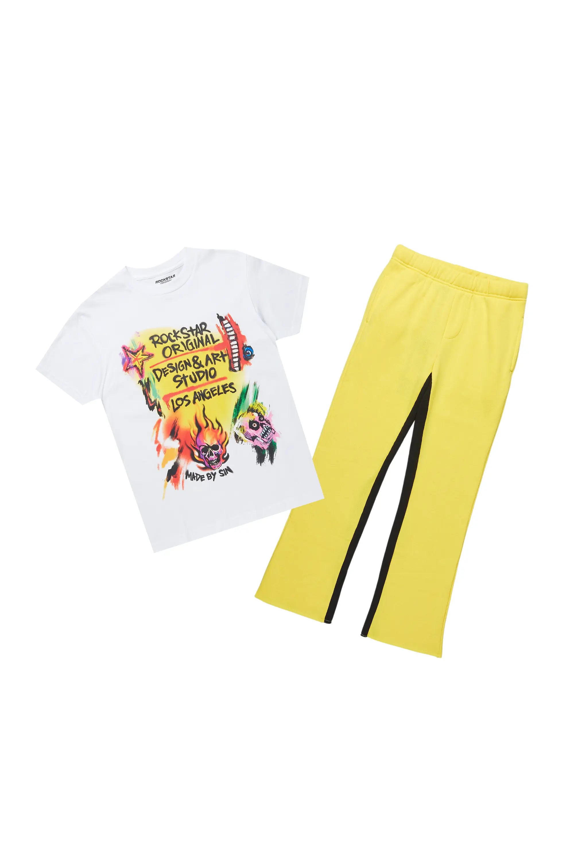 Boys Soweto White/Yellow T-Shirt/Stacked Flare Pant Set