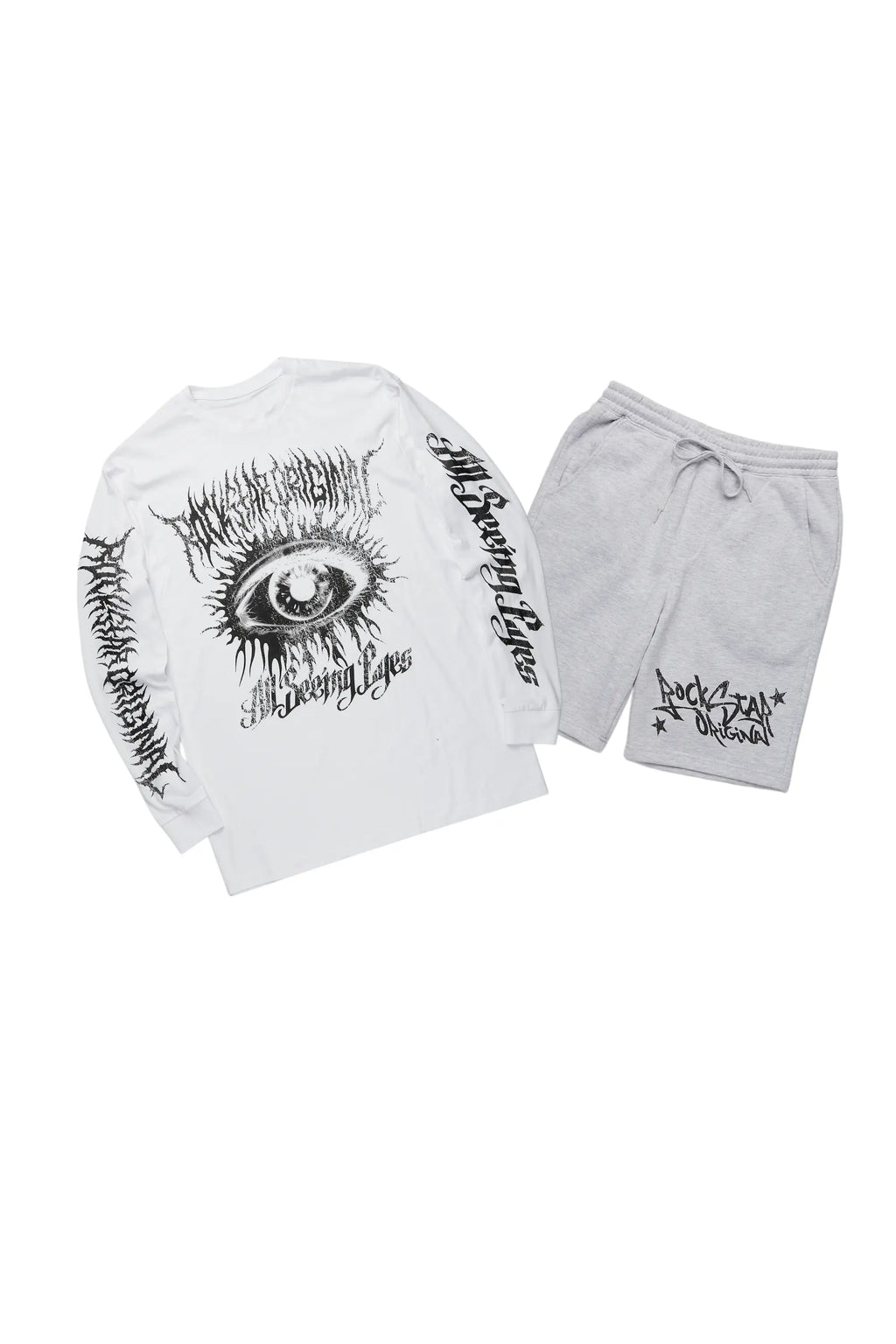 All Seeing Eyes White/Grey Long Sleeve T-Shirt Short Set