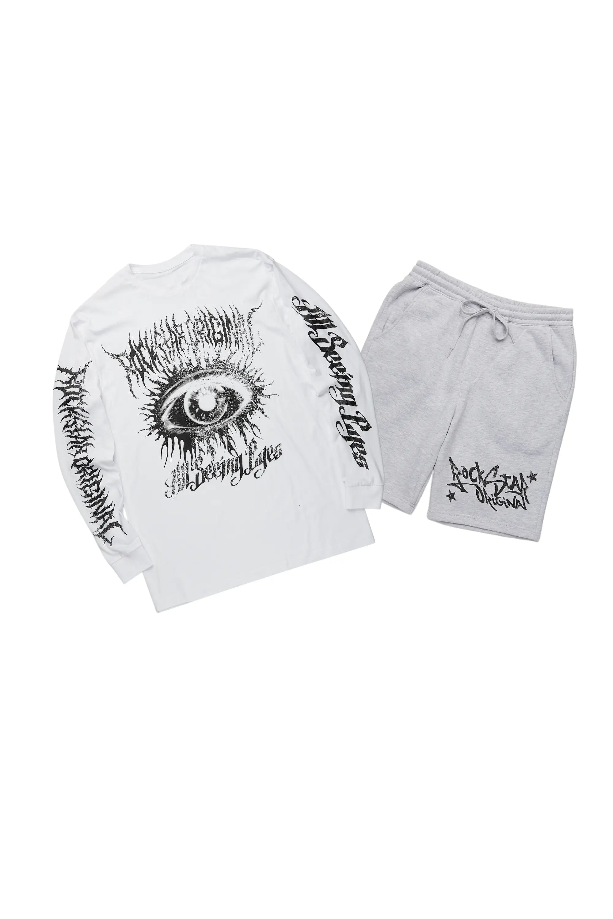 All Seeing Eyes White/Grey Long Sleeve T-Shirt Short Set