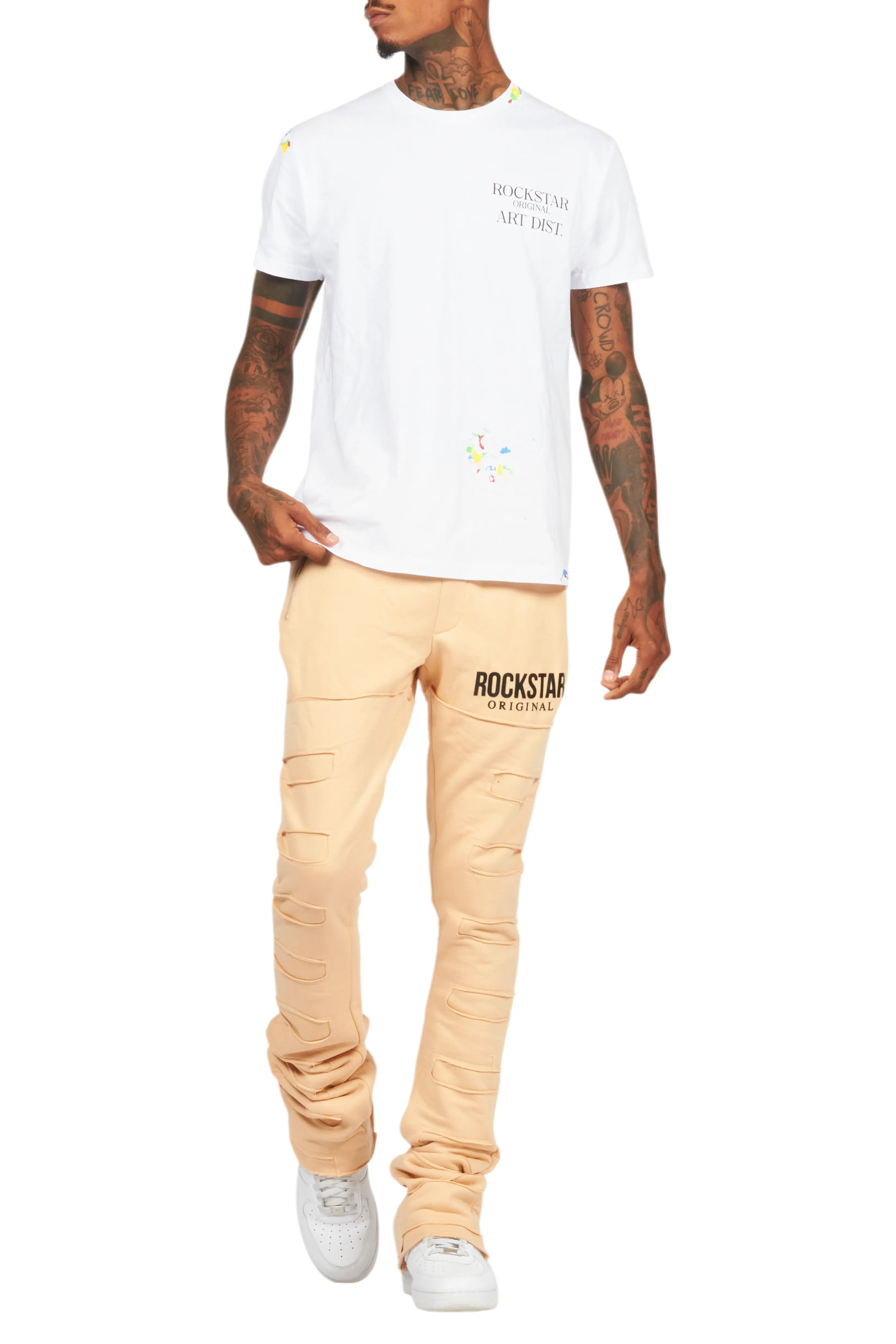 Emilio Beige Stacked Flare Track Pant