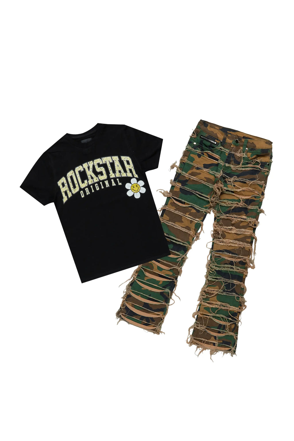Girls Amelia Black/Camo T-Shirt/Stacked Flare Jean Set