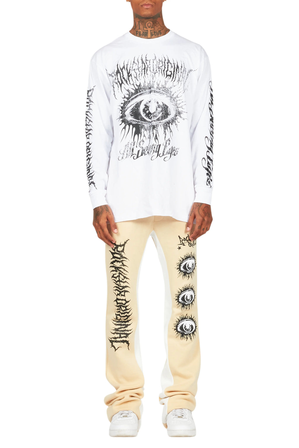 All Seeing Eyes White/Beige Long Sleeve T-Shirt/Baggy Pant Set