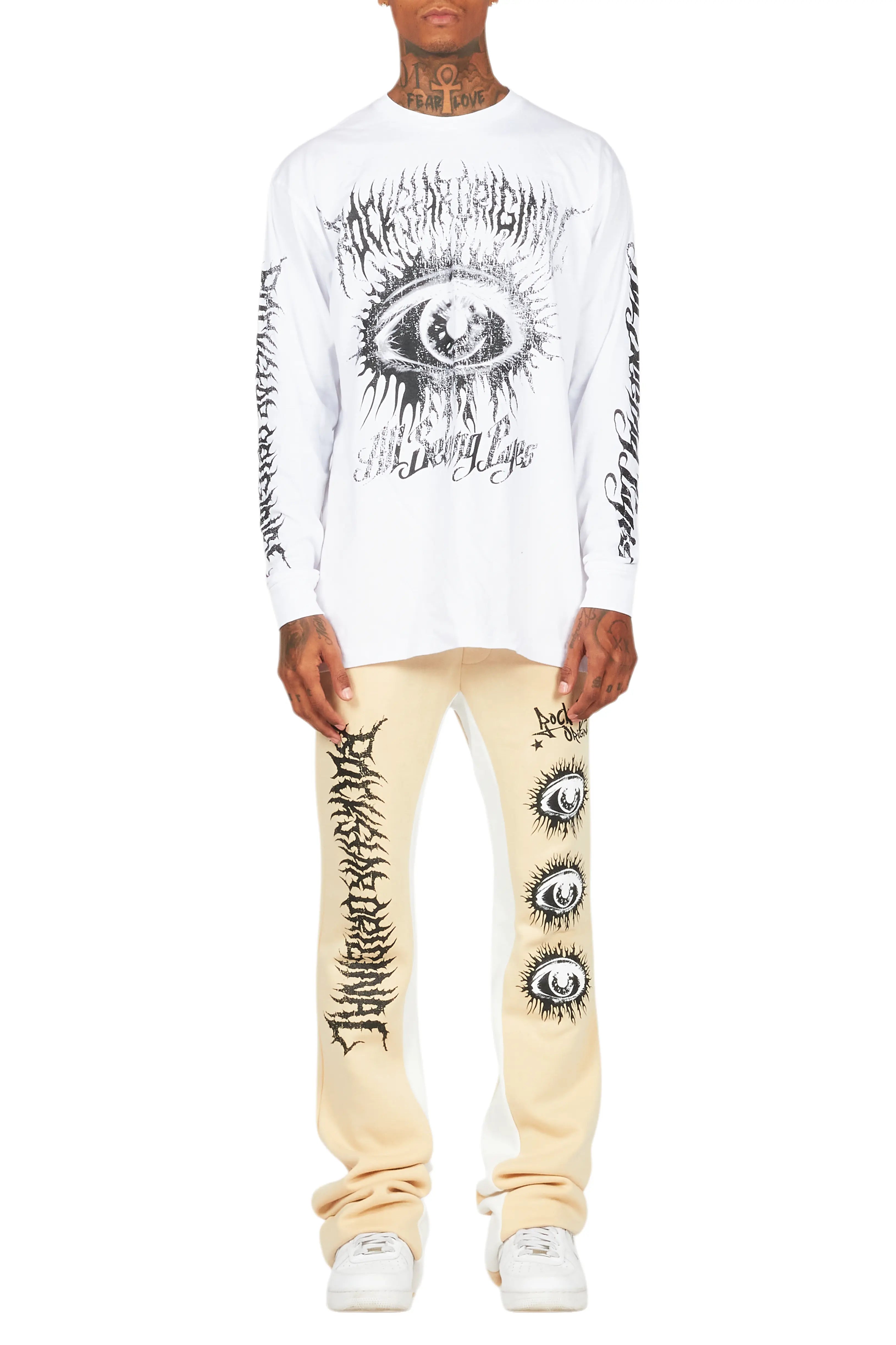 All Seeing Eyes White/Beige Long Sleeve T-Shirt/Baggy Pant Set