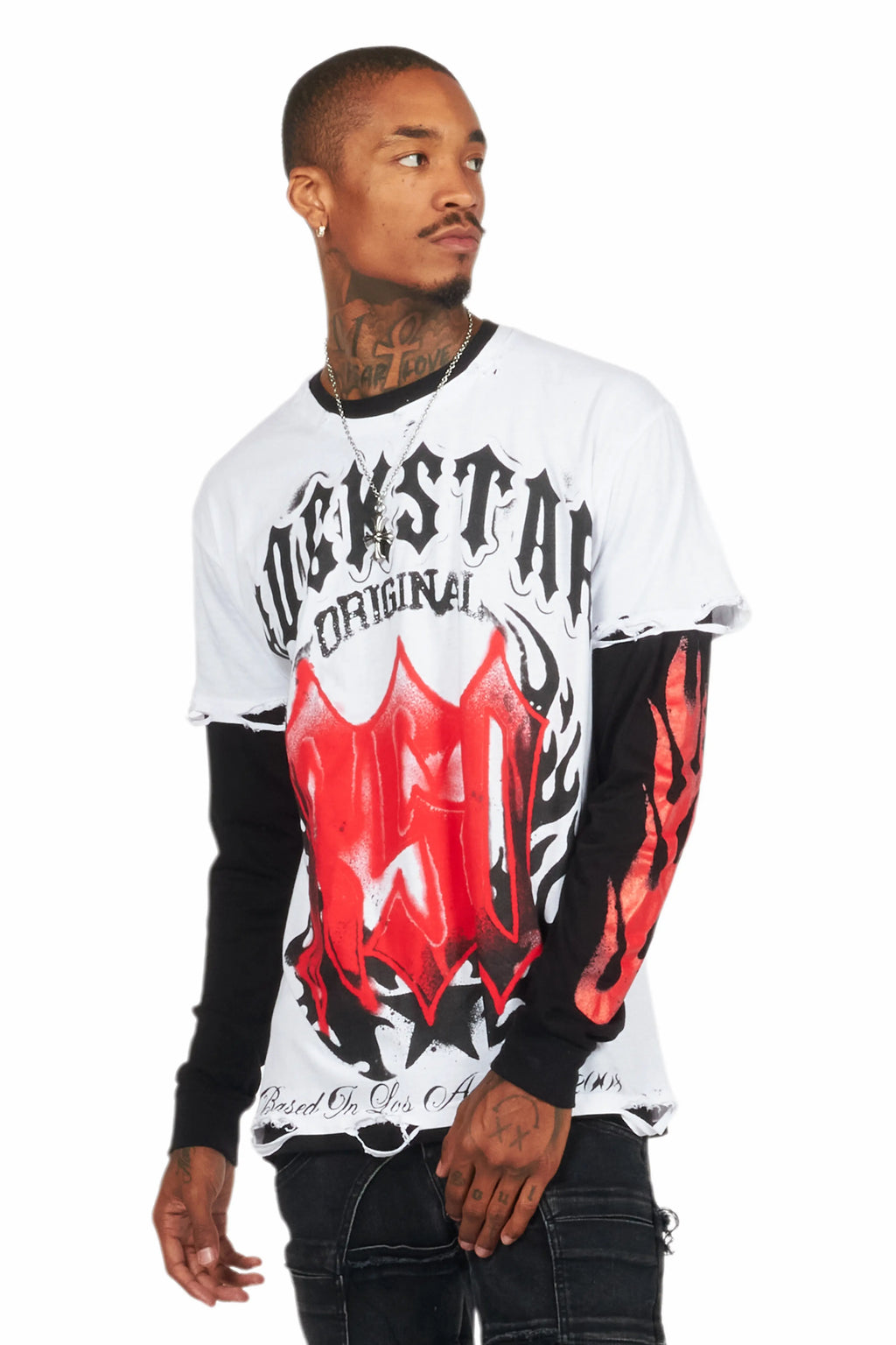 Boaz White/Black Double Layer Long Sleeve Graphic T-Shirt
