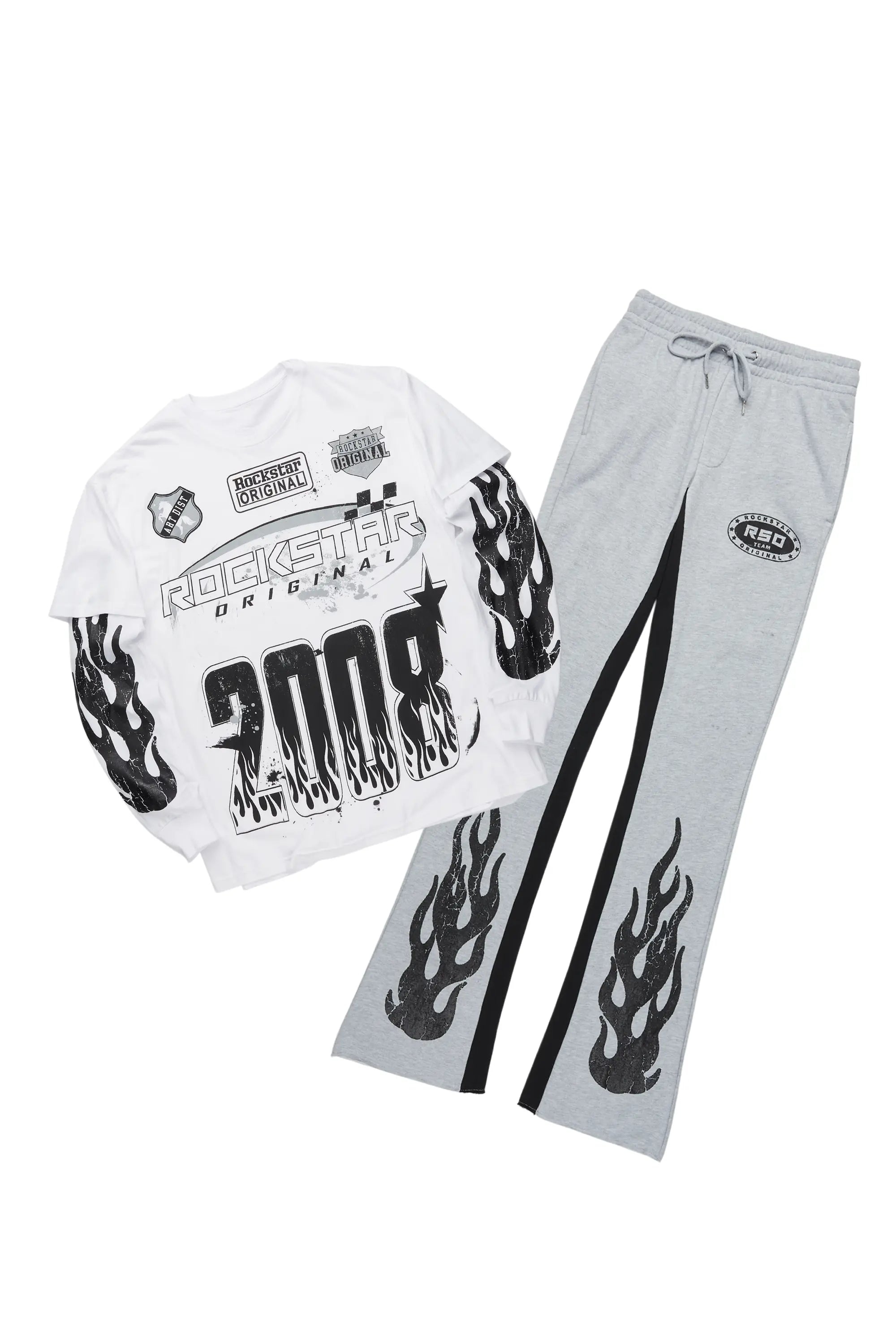 Amos White/Grey Double Layer T-Shirt/Stacked Baggy Pant Set