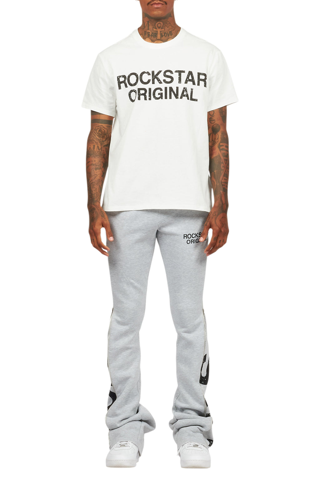 Deniska Heather Grey T-Shirt/Baggy Stacked Flare Track Set