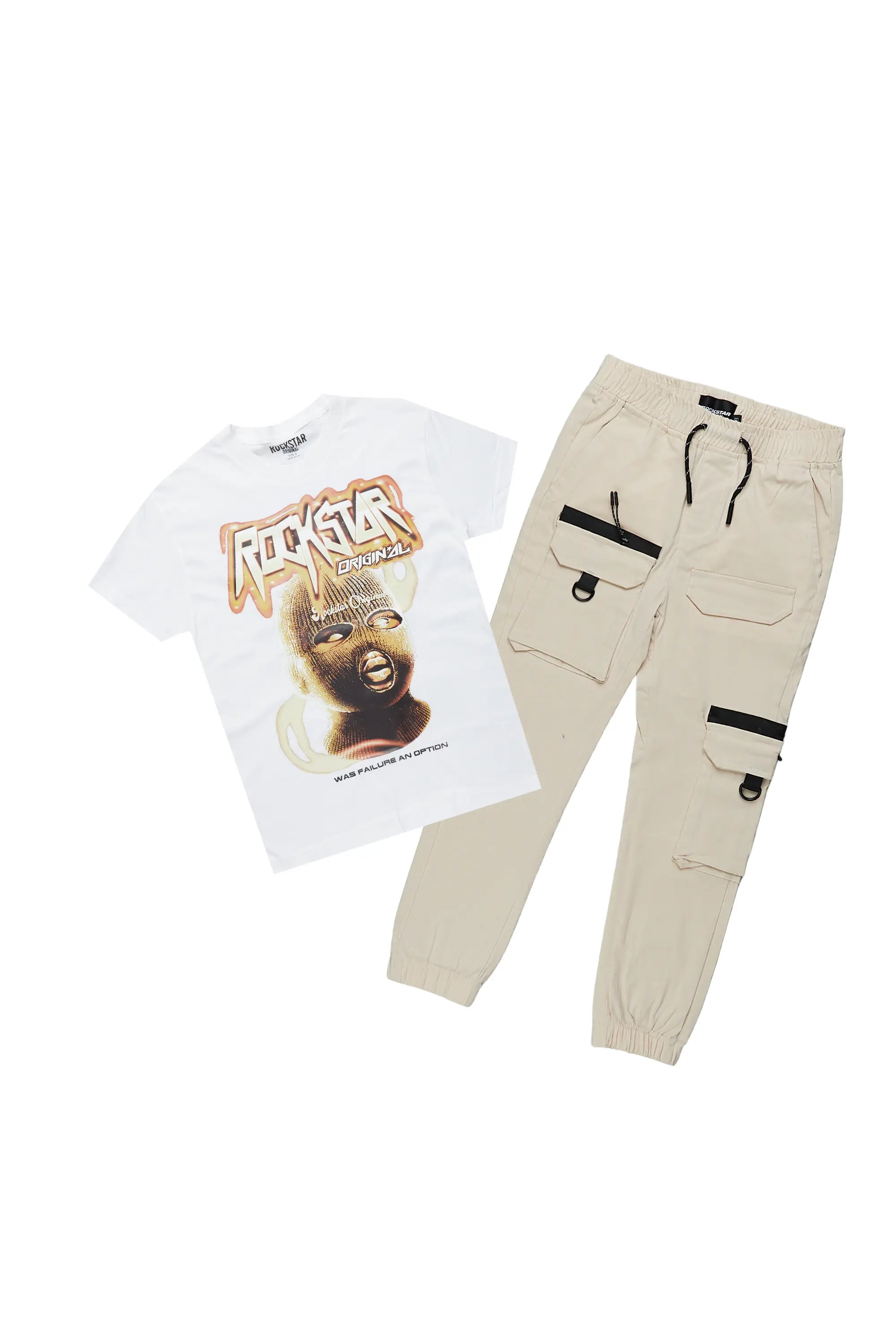 Boys Yuuki White/Beige T-Shirt Cargo Pant Set