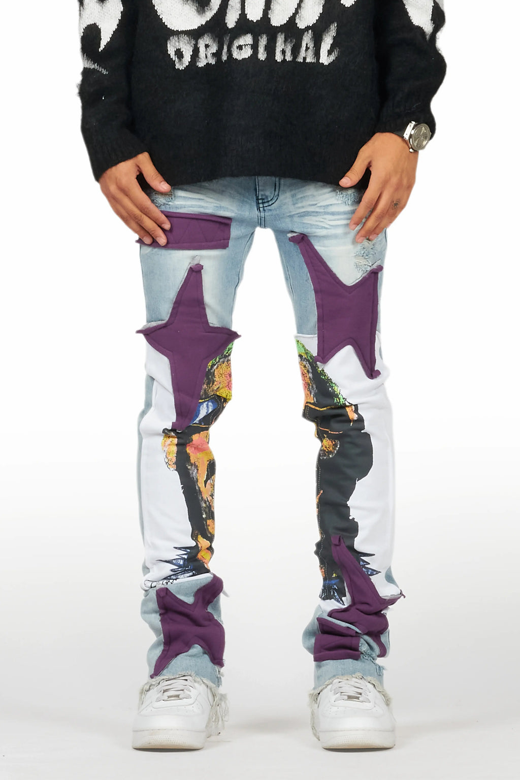 Savage Blue Patchwork Stacked Flare Jean