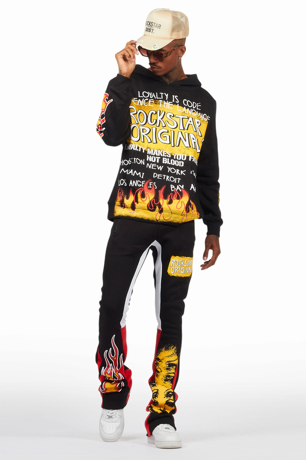 Beno Black/Yellow Stacked Flare Hoodie Track Set
