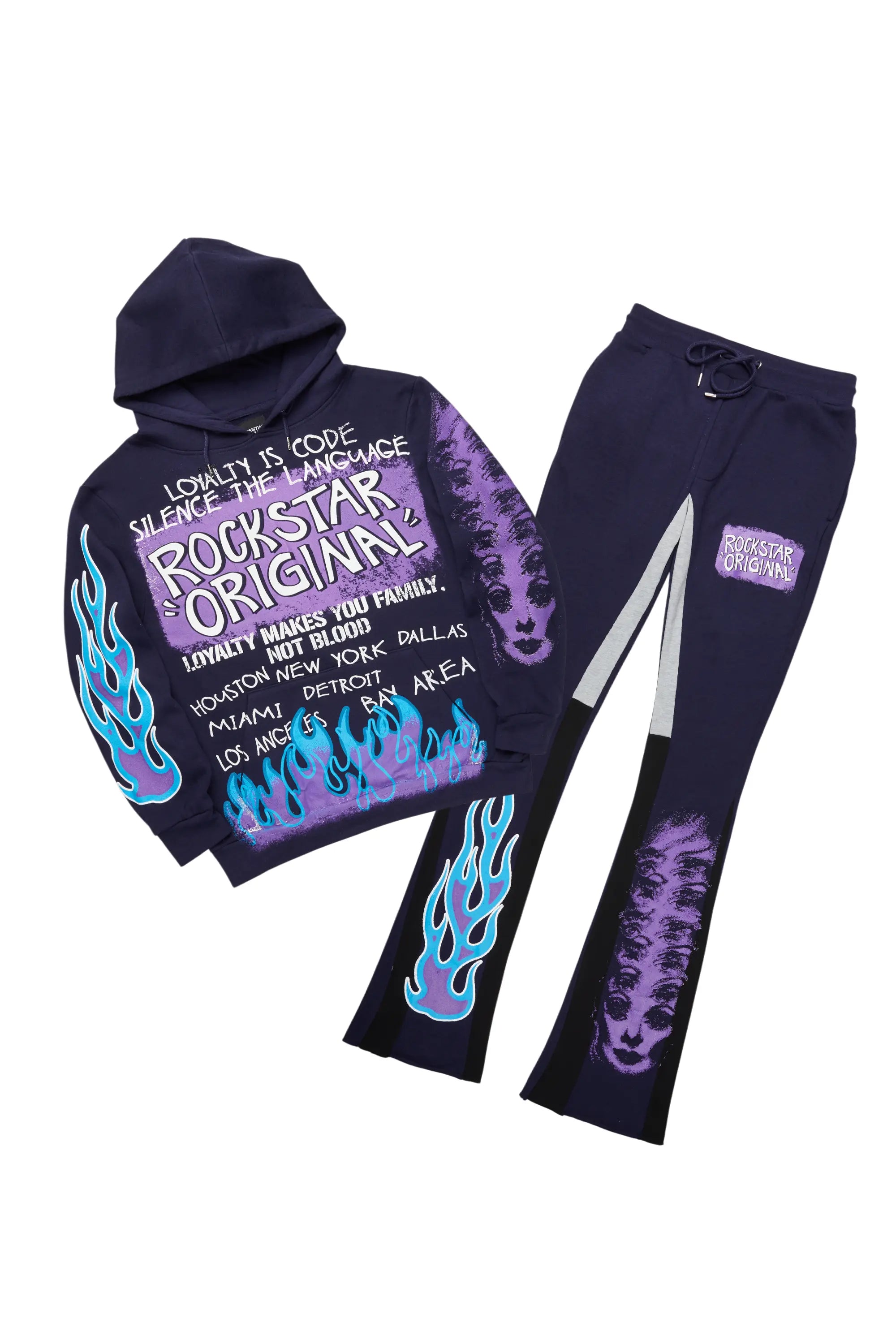 Beno Navy Stacked Flare Hoodie Track Set