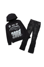 Boys Amos Jet Black Hoodie/Stacked Flare Jean Set