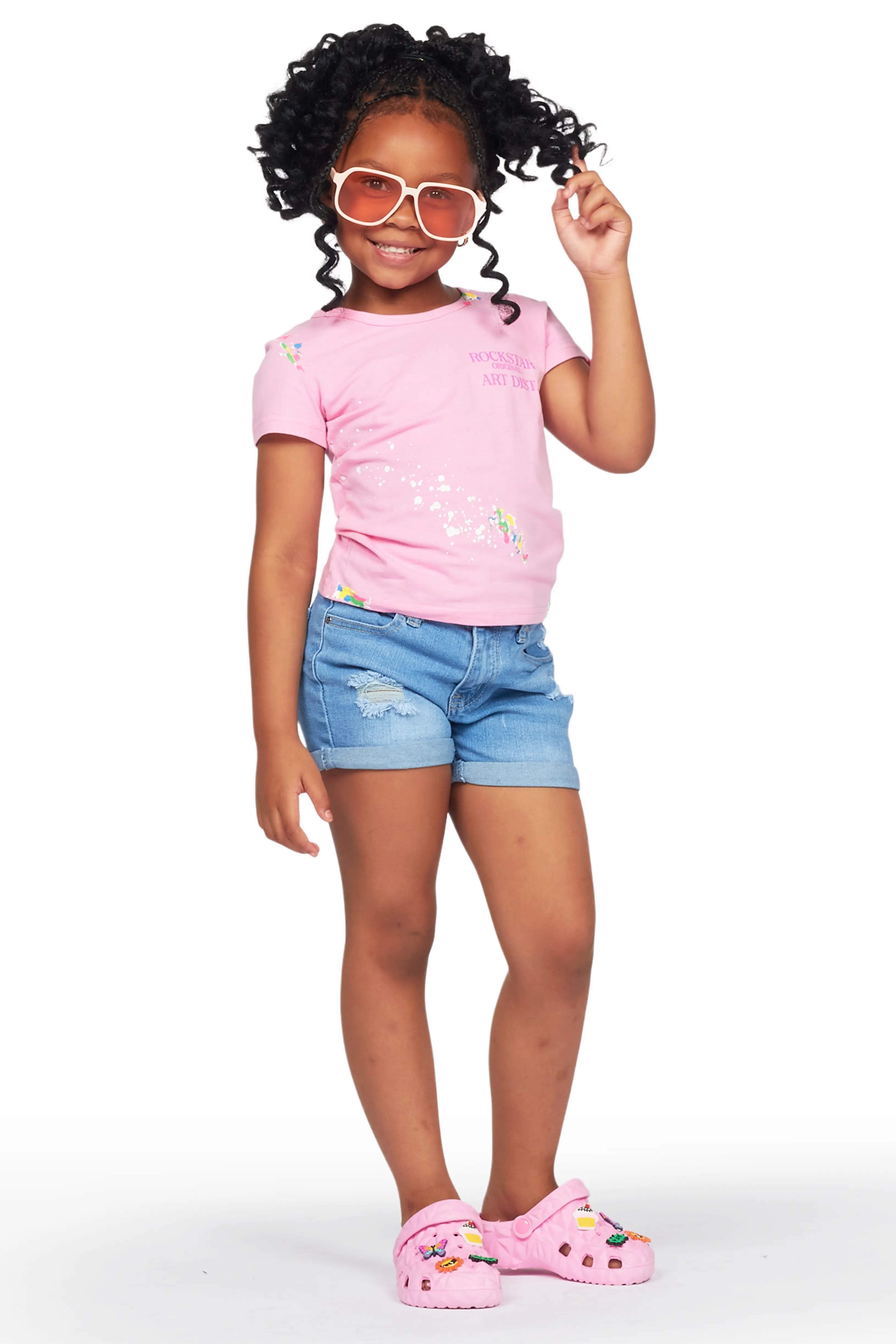 Girls Maali Pink T-Shirt/Denim Short Set