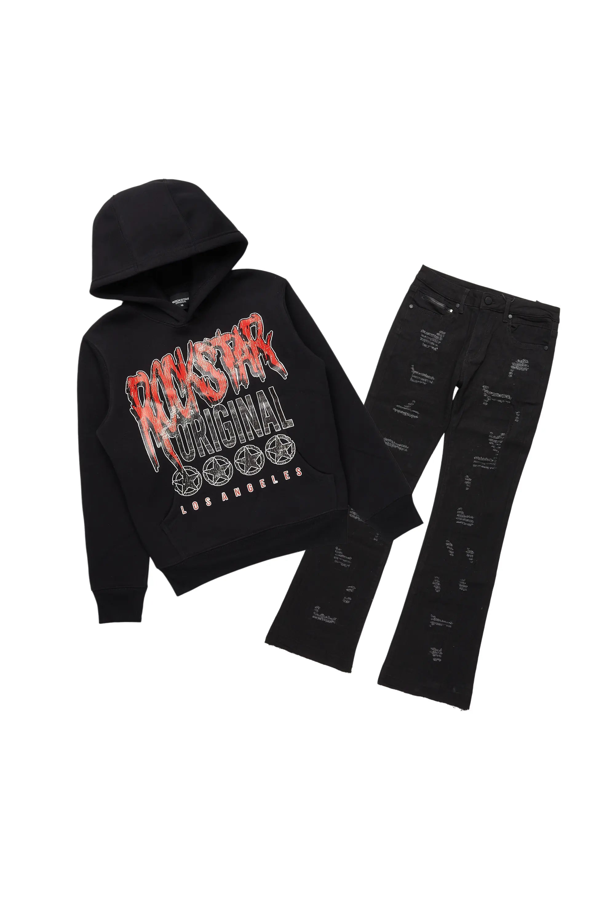 Boys Wizzurd Black Hoodie/Stacked Flare Jean Set