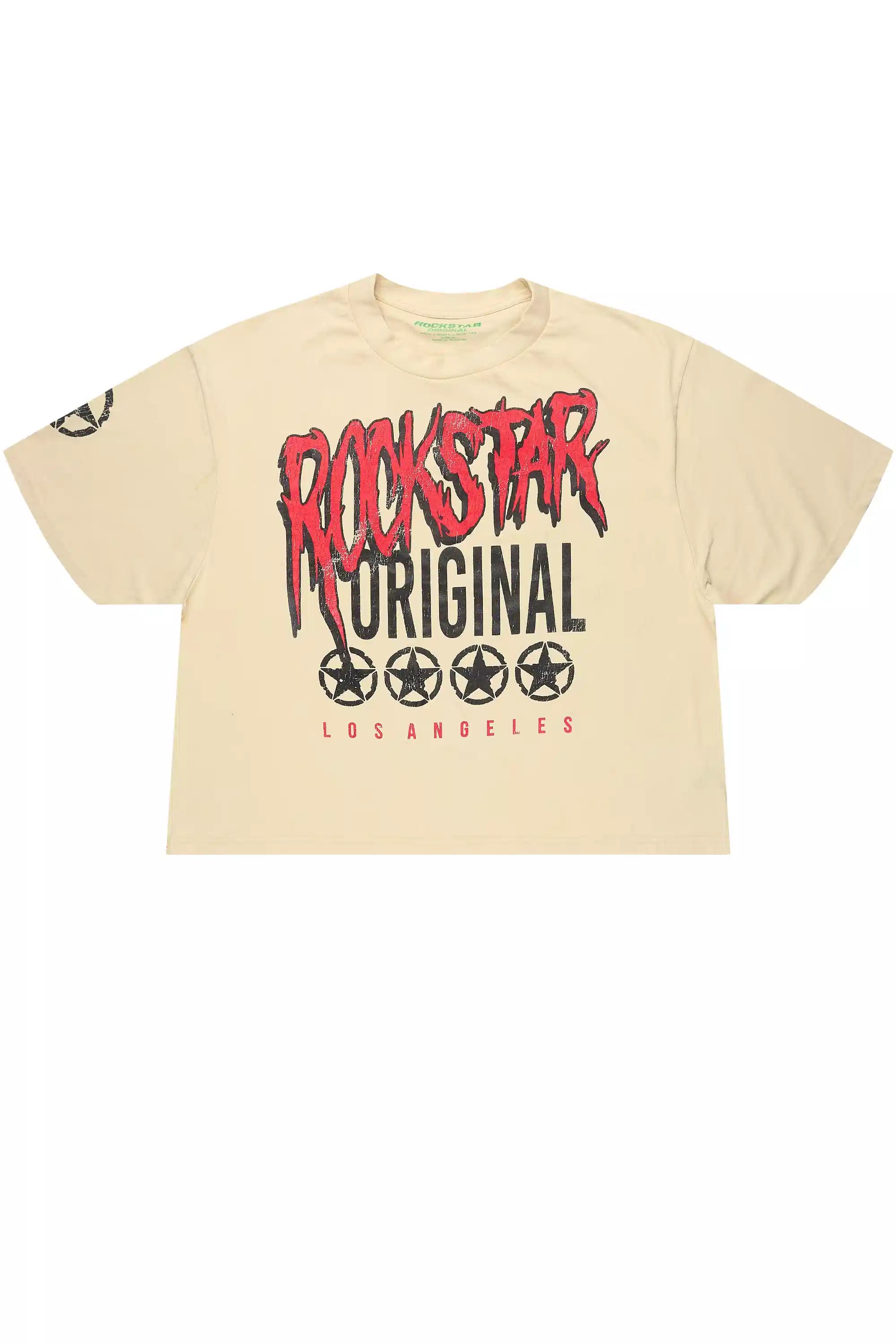 Wizzurd Beige/Red Boxy Crop T-Shirt