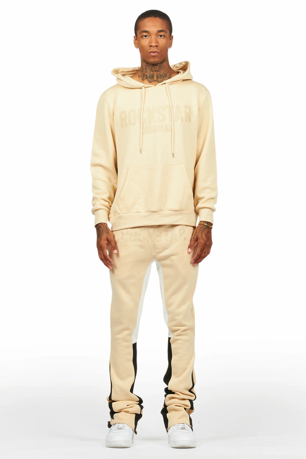 Sana Beige Hoodie/Stacked Flare Track Pant Set