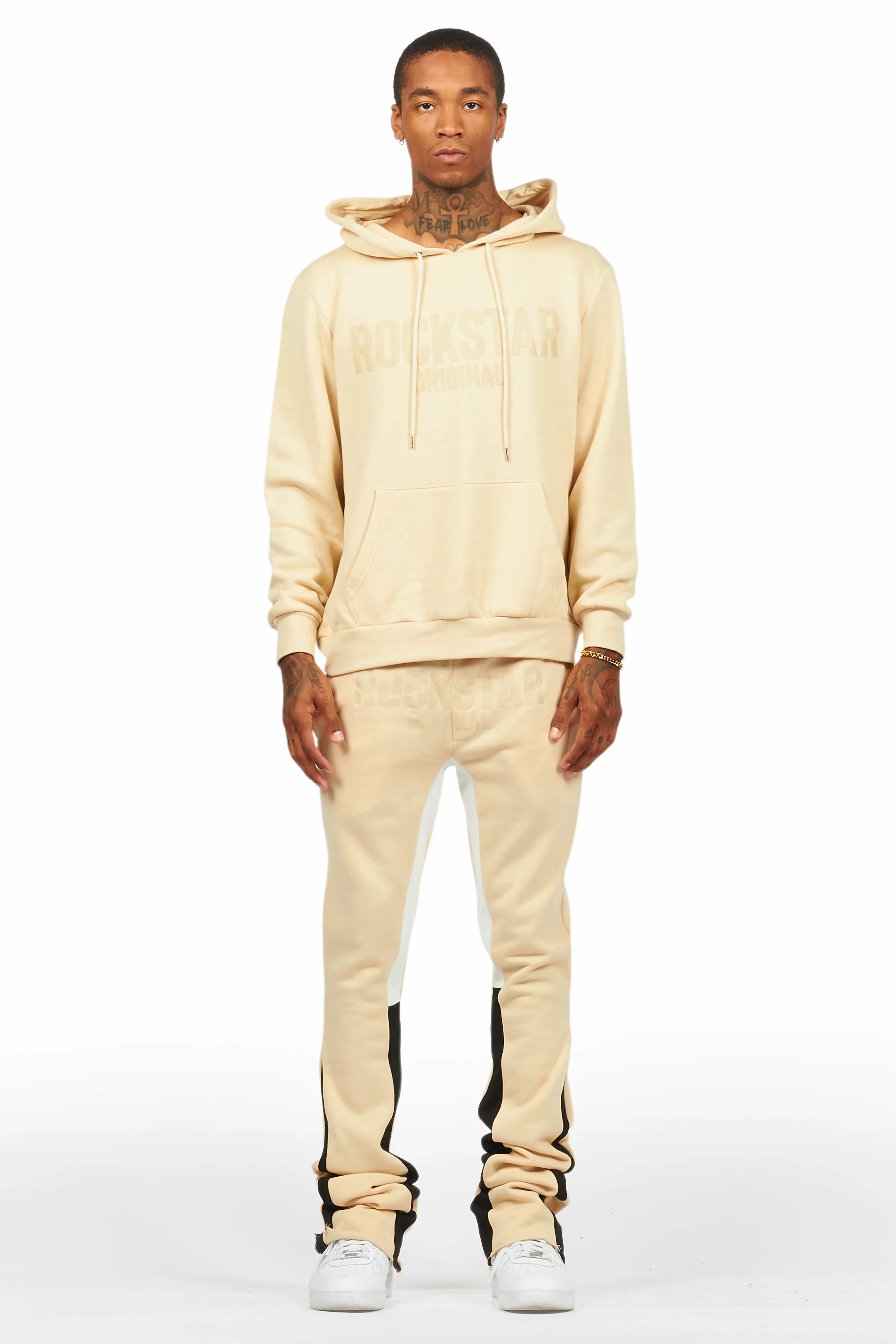 Sana Beige Hoodie/Stacked Flare Track Pant Set
