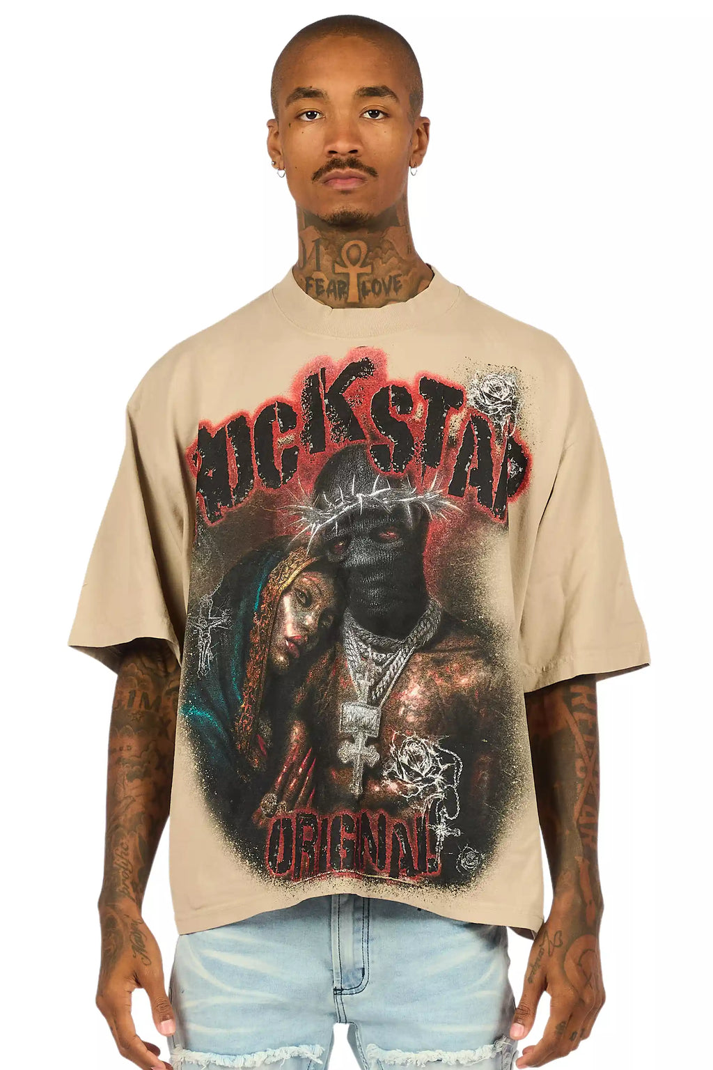 Rhydan Beige/Black Oversized Graphic T-Shirt