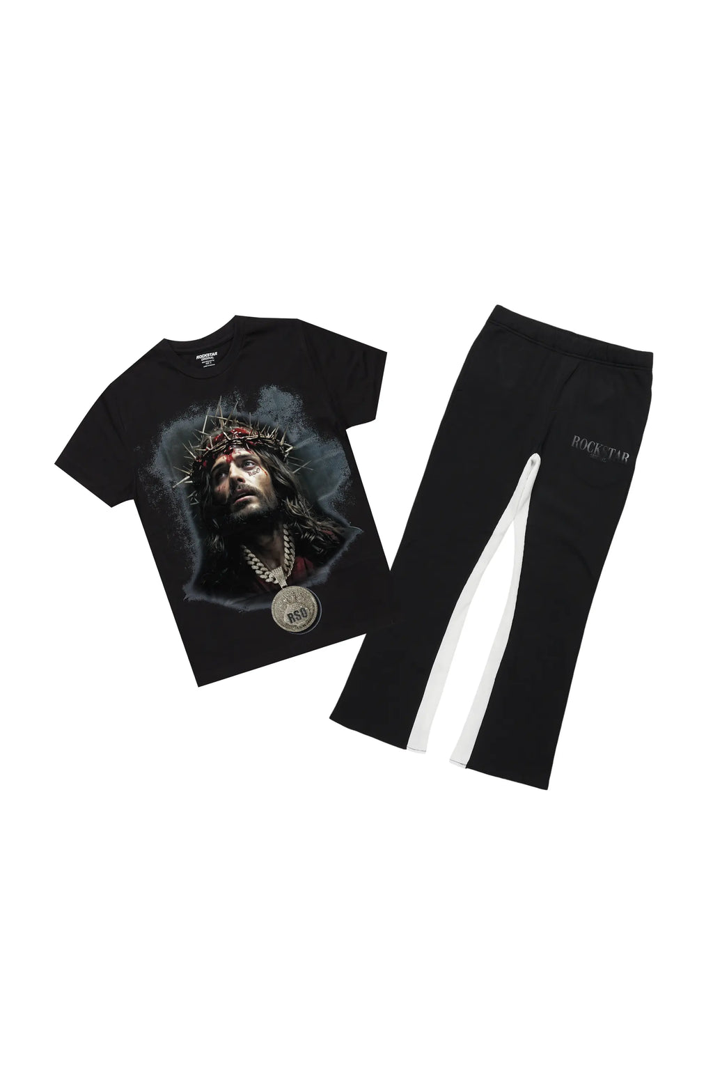 Boys Amina Black T-Shirt/Stacked Baggy Flare Pant Set