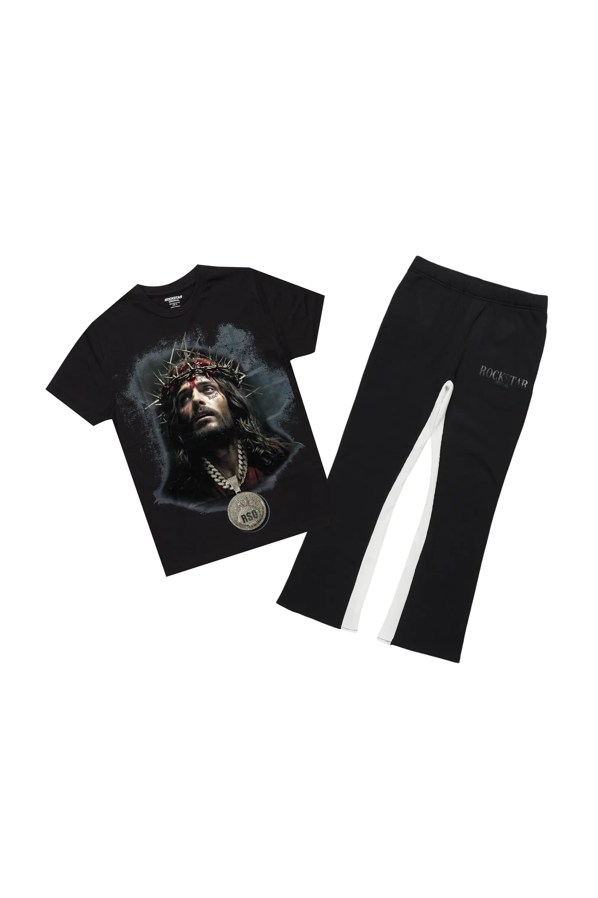 Boys Amina Black T-Shirt/Stacked Baggy Flare Pant Set