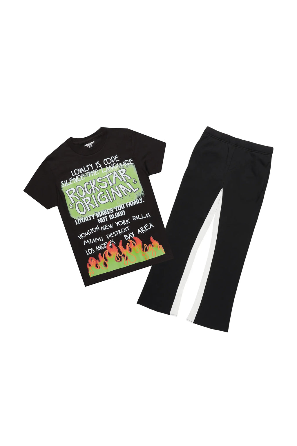 Boys Beno Black/Green T-Shirt/Stacked Flare Pant Set