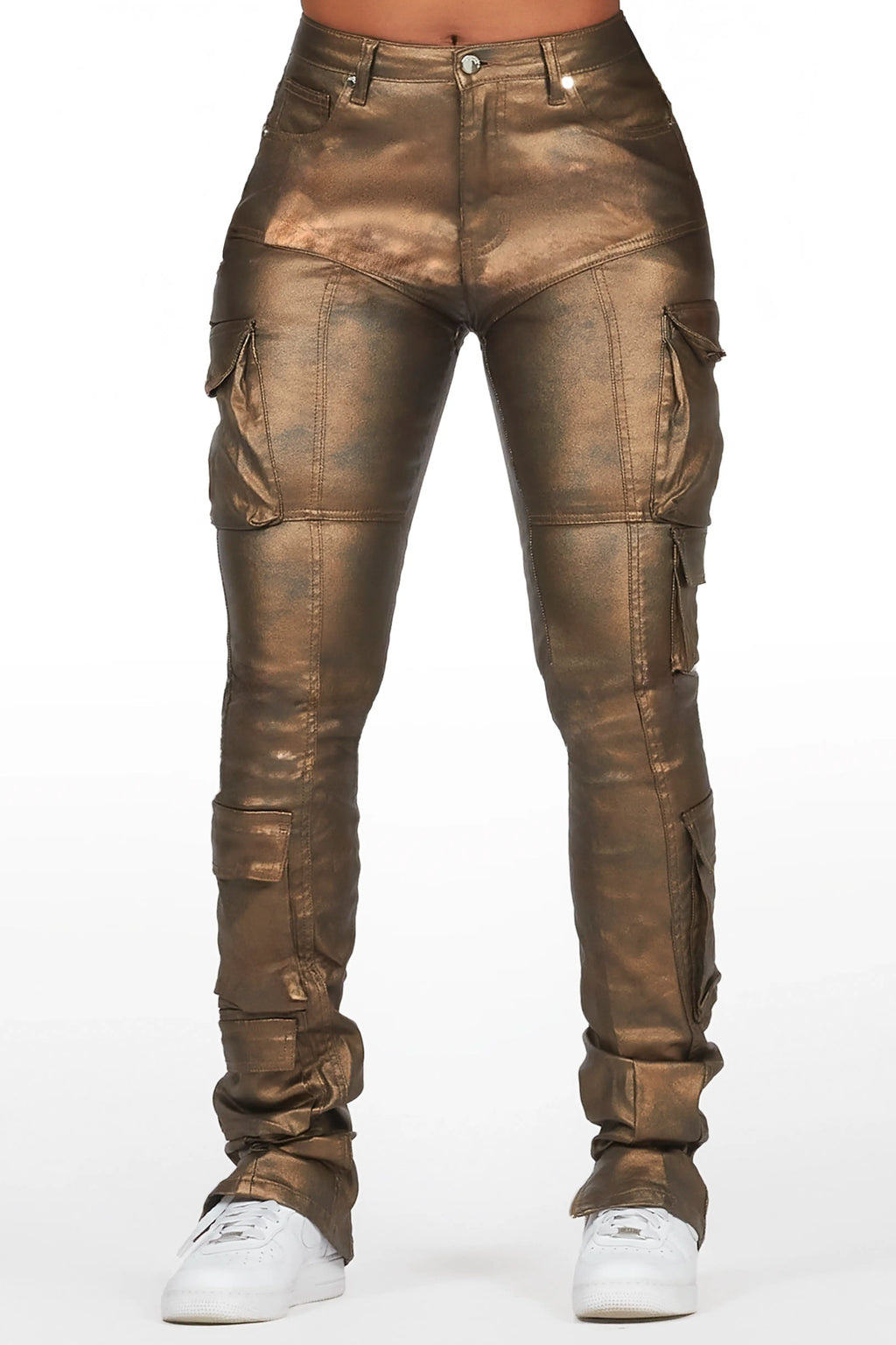 Teeoina Gold Coated Black Skinny Stacked PU Pant