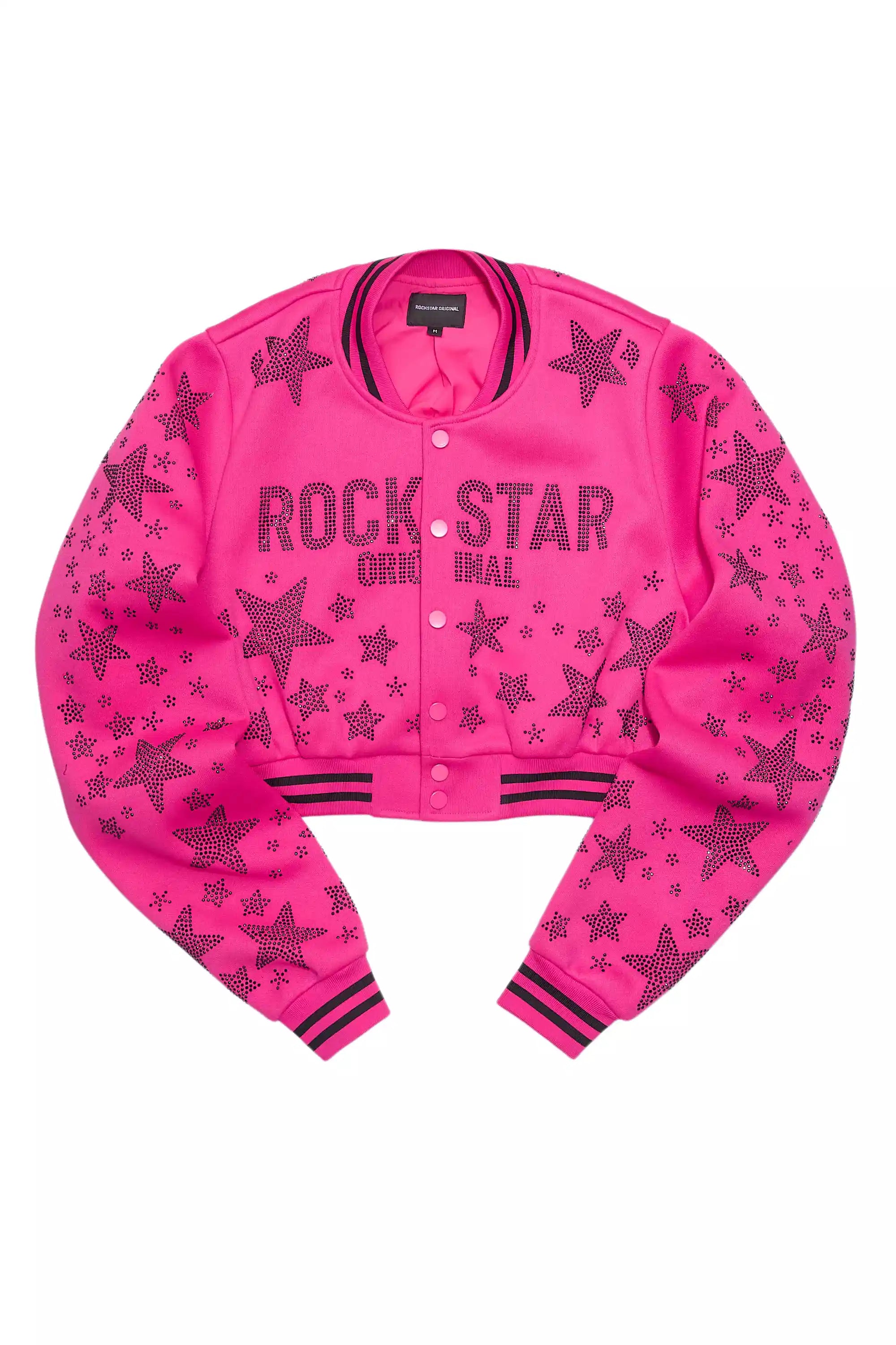 Shanda Hot Pink Crop Rhinestone Varsity Jacket