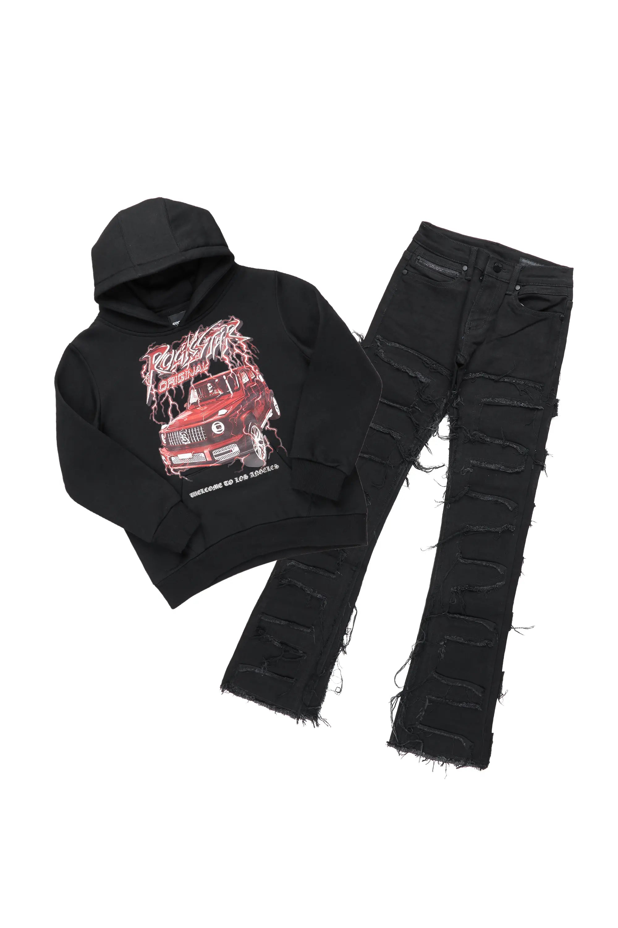 Boys Krys Black Hoodie/Super Stacked Flare Jean