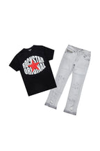 Girls Black Ezra T-Shirt/Stacked Flare Jean Set