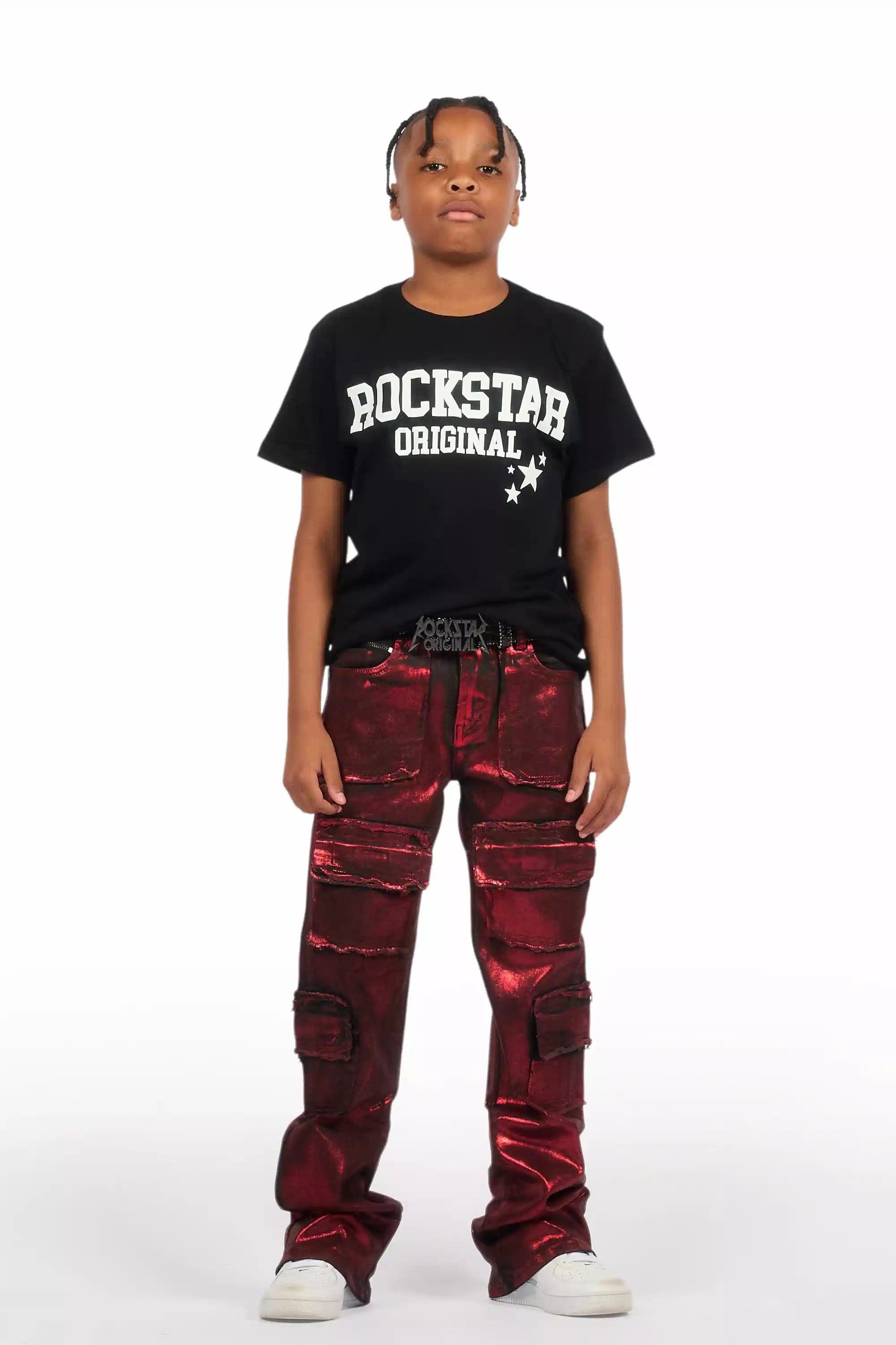 Boys Tyrell Red Metallic Coated Stacked Flare Jean