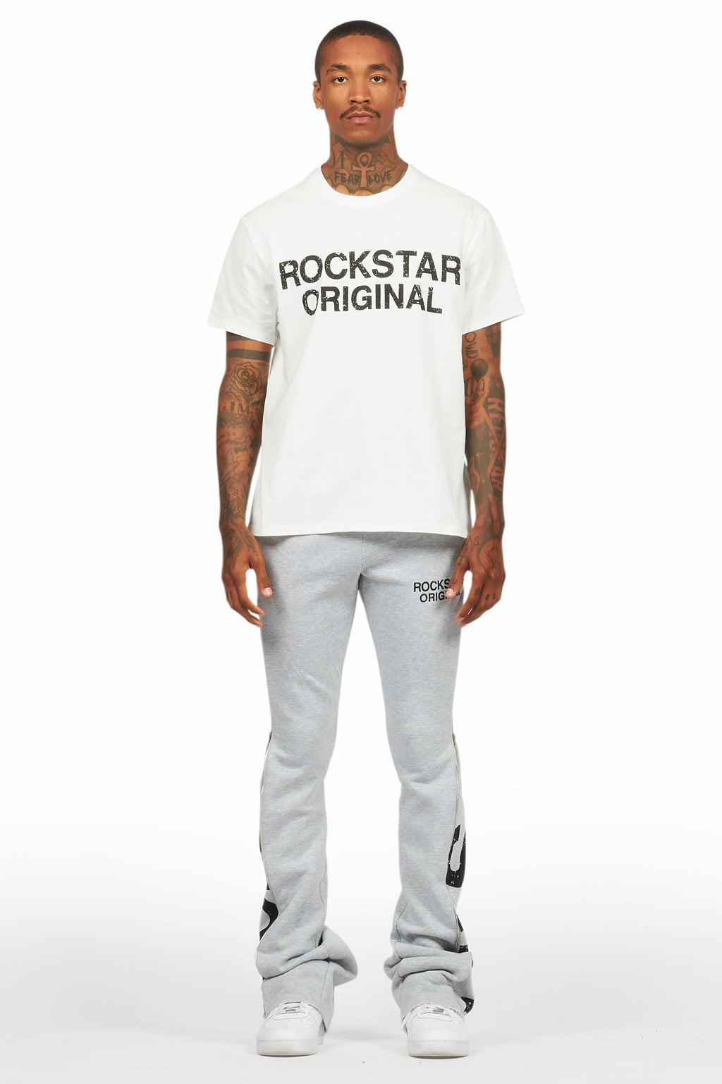 Deniska Heather Grey T-Shirt/Baggy Stacked Flare Track Set