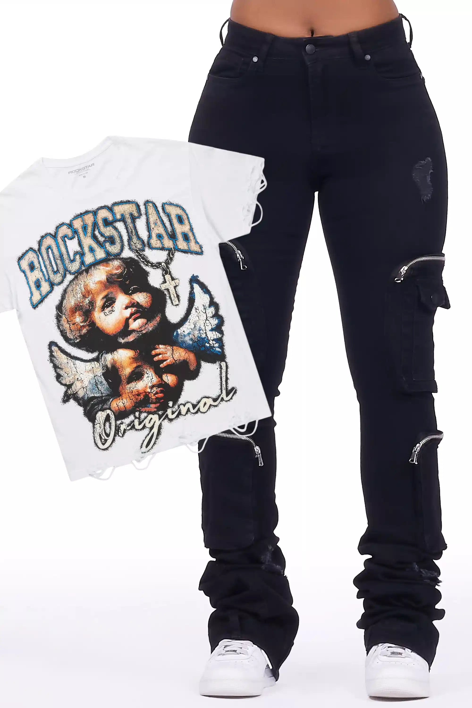 Jovala White Tee & Alisson Black Jean Set